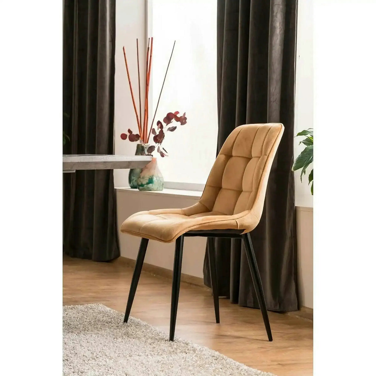 Scaun CHIC, galben curry/negru stofa catifelata/metal, 50x58x88 cm