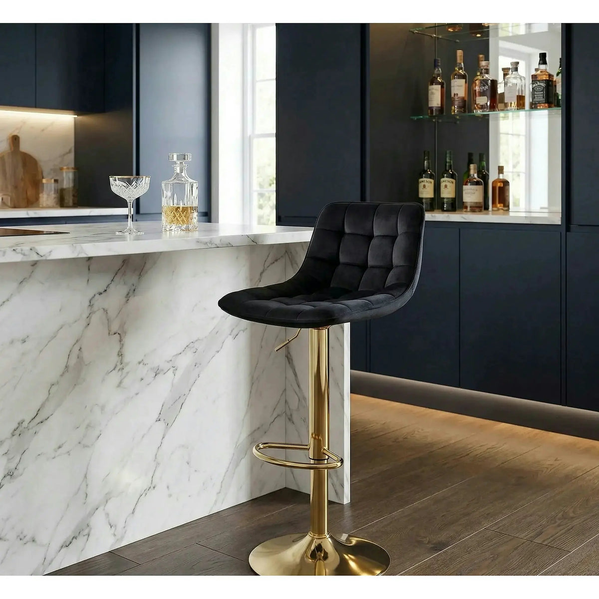 Scaun de bar auriu H120, stofa catifelata/otel, 43x44x84/106 cm
