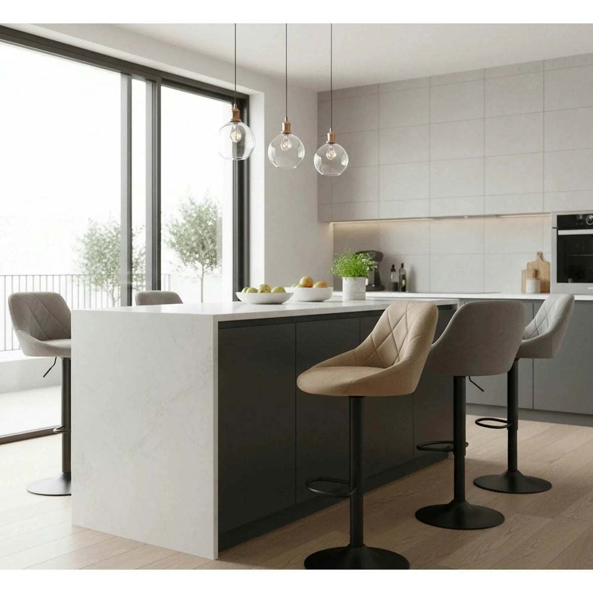 Scaun de bar rotativ H101, bej/negru, stofa catifelata/metal, 47x45x84/106 cm