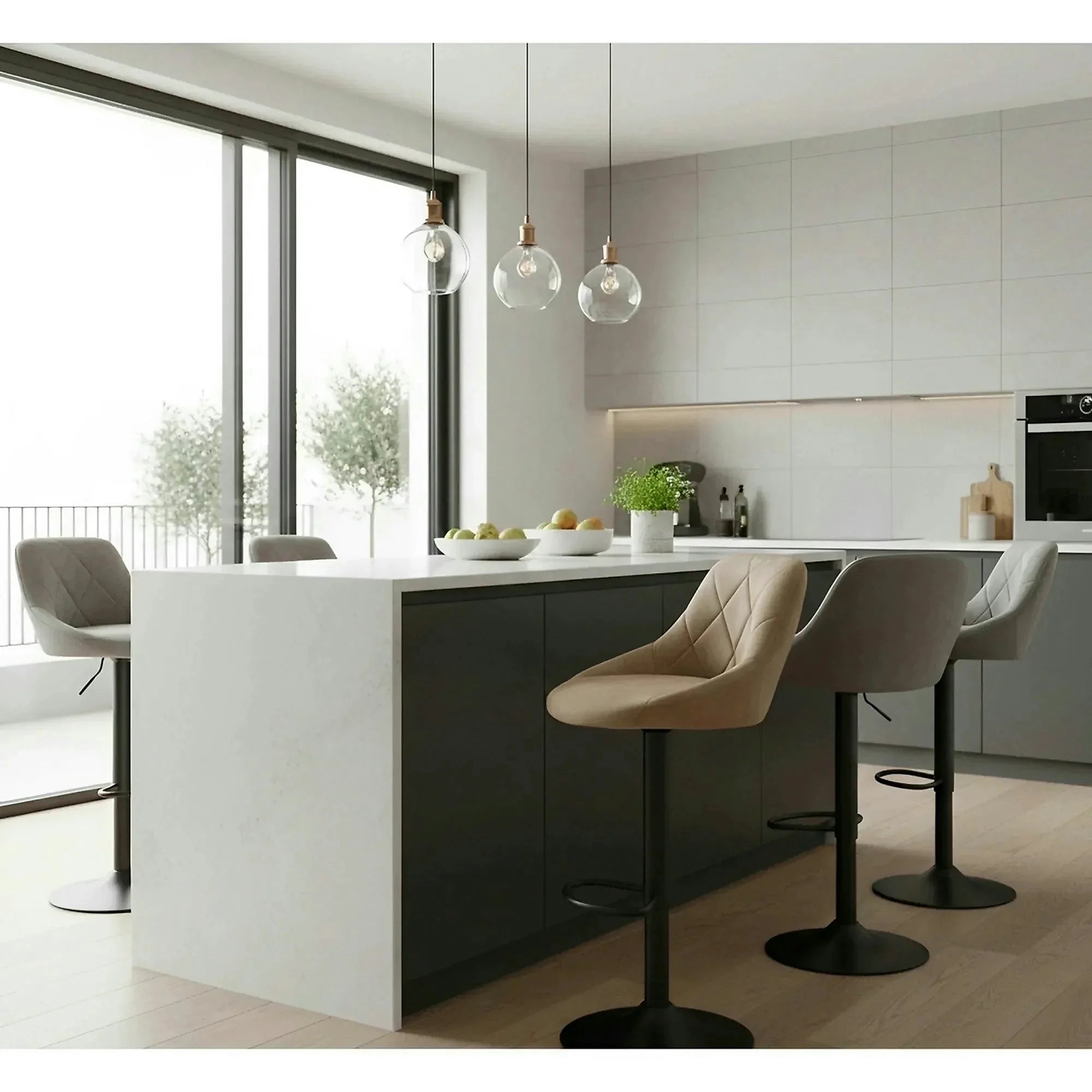 Scaun de bar rotativ H101, bej/negru, stofa catifelata/metal, 47x45x84/106 cm