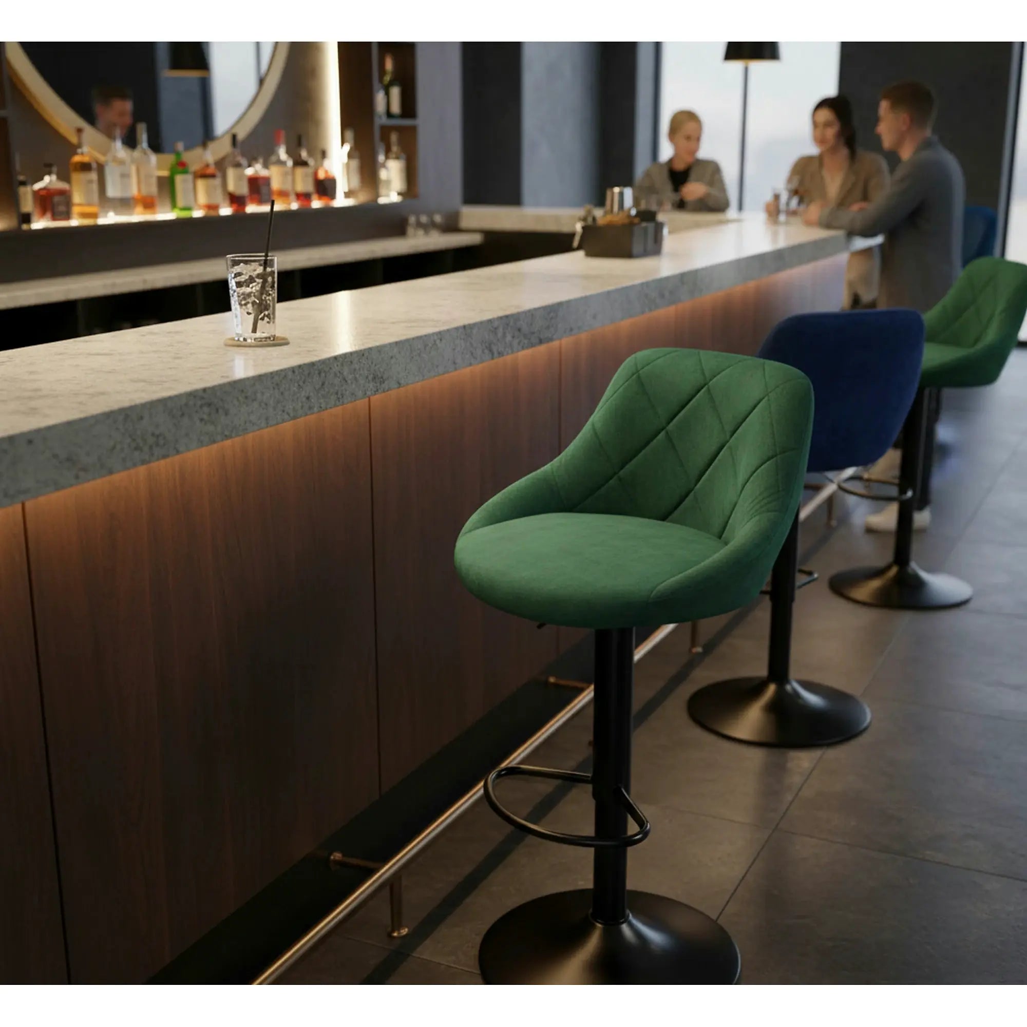 Scaun de bar rotativ H101, verde inchis/negru, stofa catifelata/metal, 47x45x84/106 cm