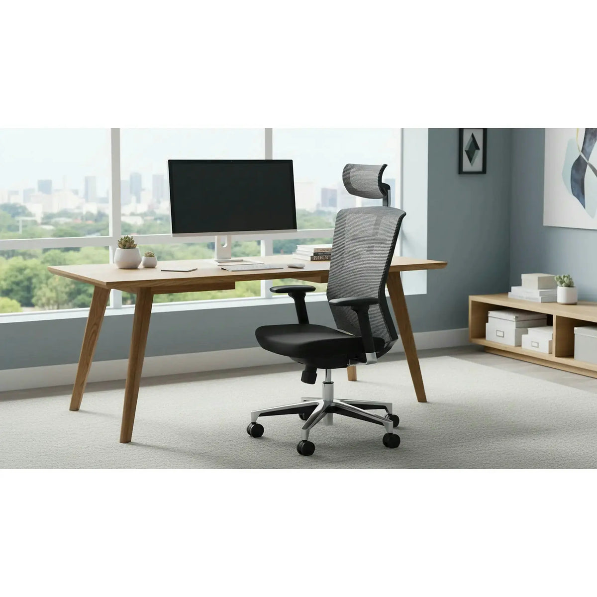 Scaun de birou AMBASADOR, negru/gri, stofa/plasa, 64x63x128/138 cm
