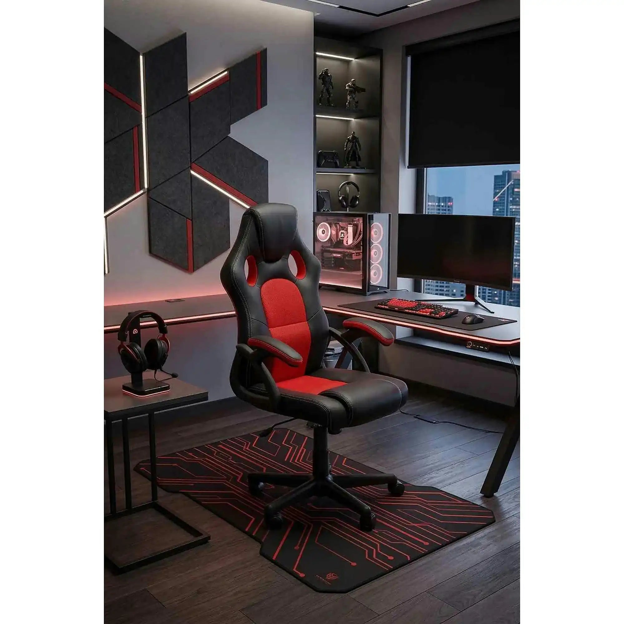 Scaun de birou BERKEL, negru/rosu, piele ecologica/stofa, 62x63x108/117 cm