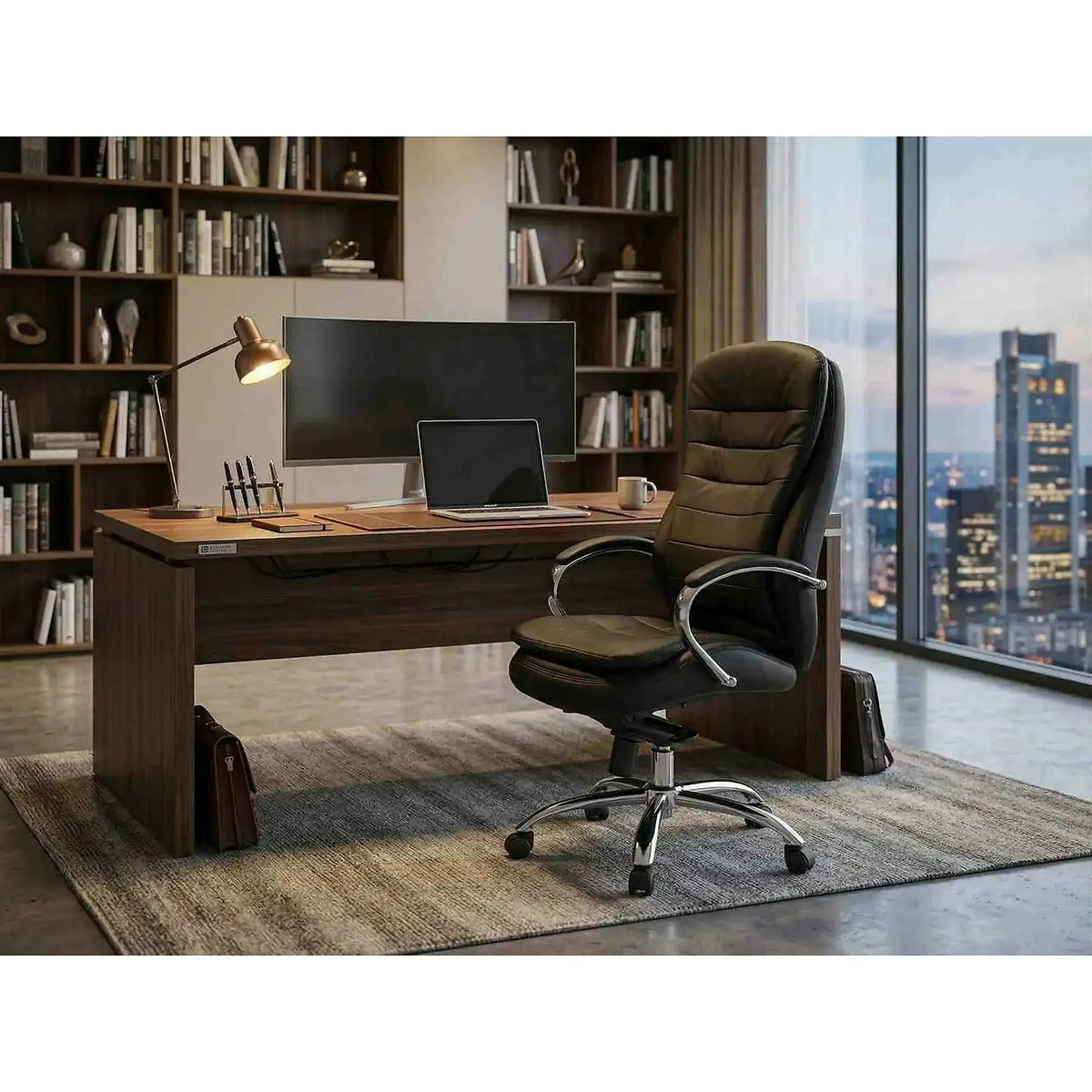 Scaun de birou Q154, negru, piele ecologica/piele naturala/metal, 65x53x116/122 cm