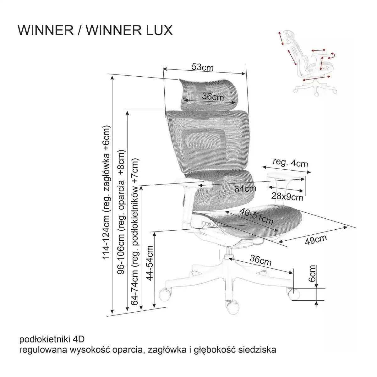 Scaun de birou WINNER LUX, negru/crom, plasa/metal, 64x51x114 cm