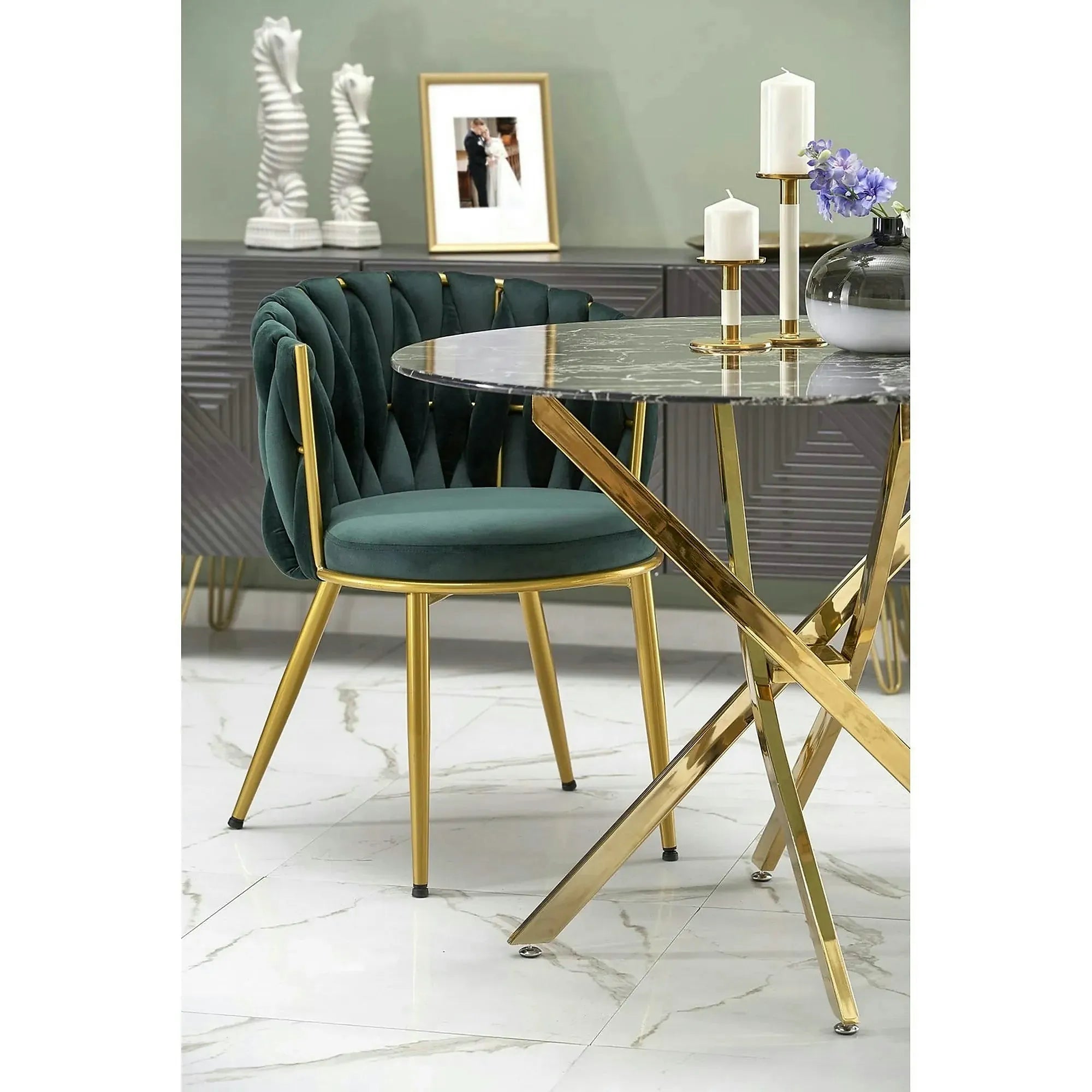 Scaun de dining K517, verde inchis/auriu, stofa catifelata/metal, 57x60x79 cm