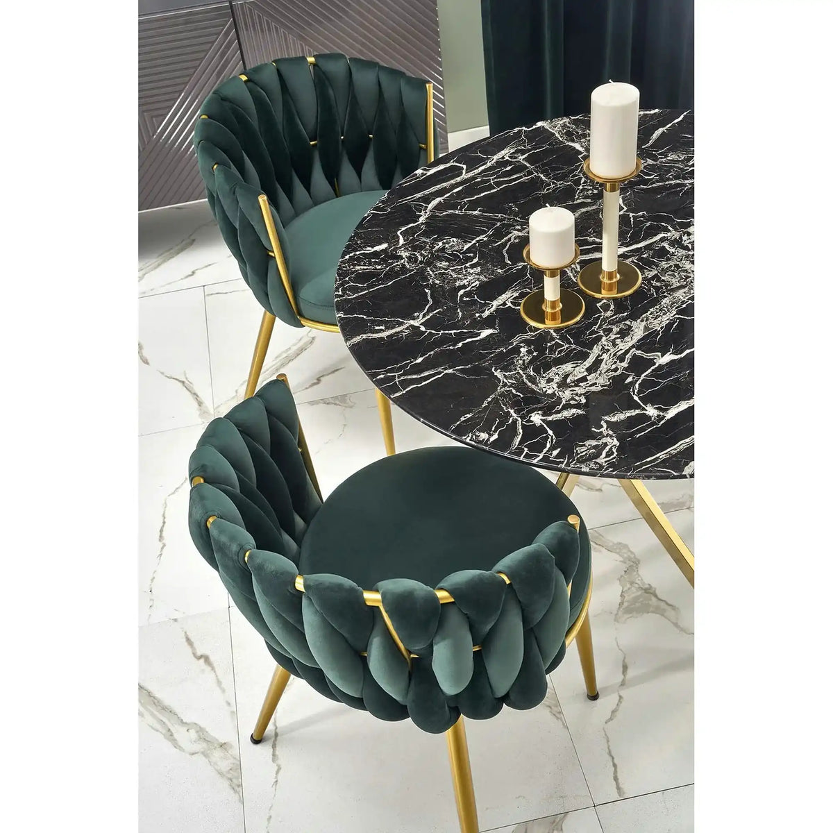 Scaun de dining K517, verde inchis/auriu, stofa catifelata/metal, 57x60x79 cm
