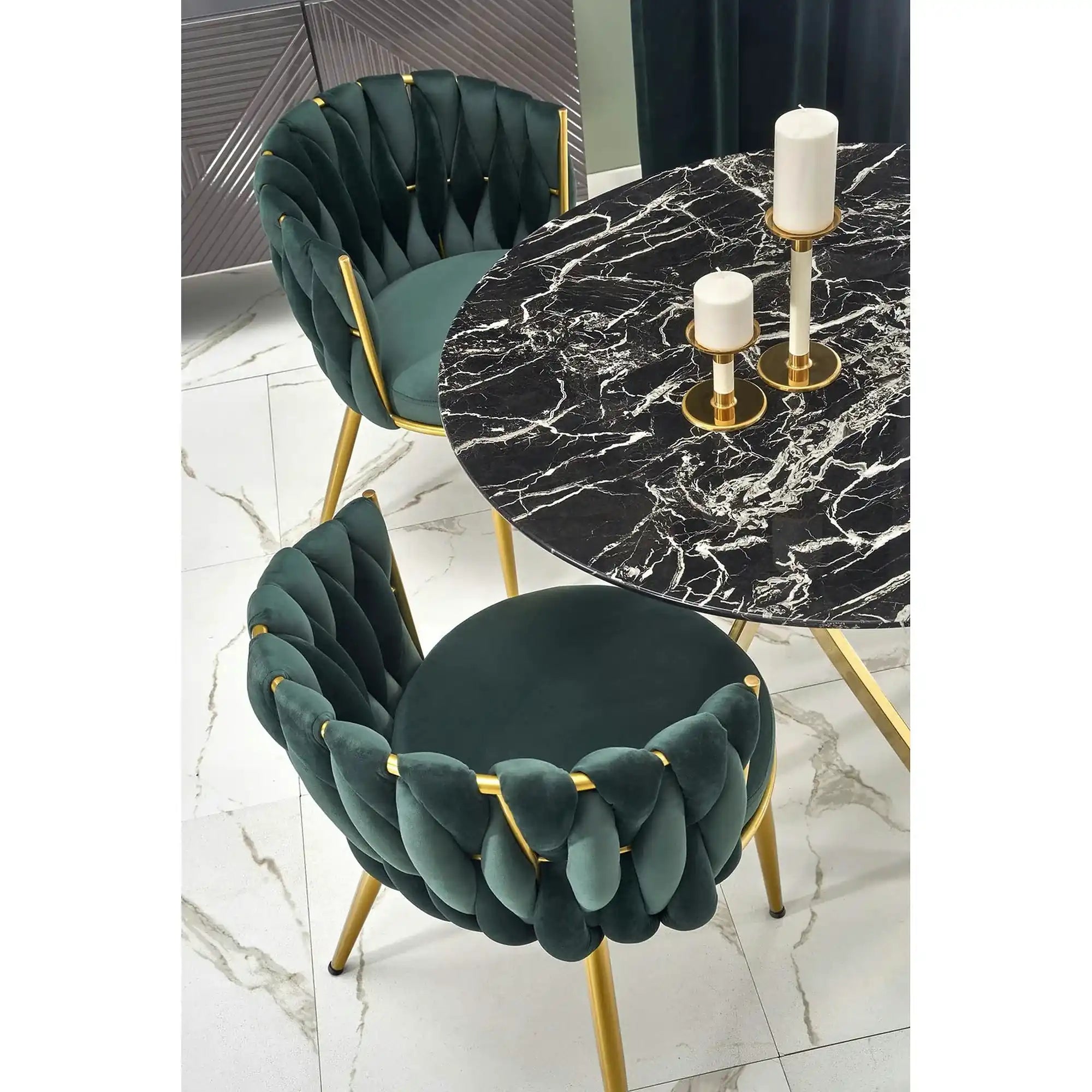 Scaun de dining K517, verde inchis/auriu, stofa catifelata/metal, 57x60x79 cm