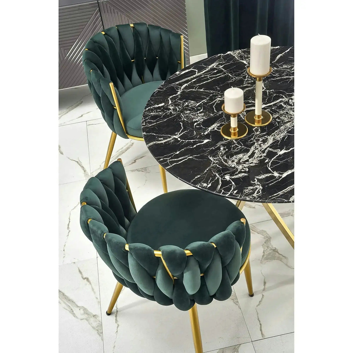 Scaun de dining K517, verde inchis/auriu, stofa catifelata/metal, 57x60x79 cm