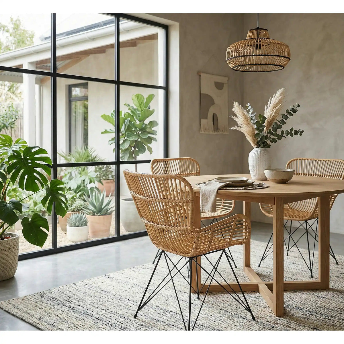 Scaun de gradina K335, bej/negru, rattan natural/otel, 61x63x90x45 cm