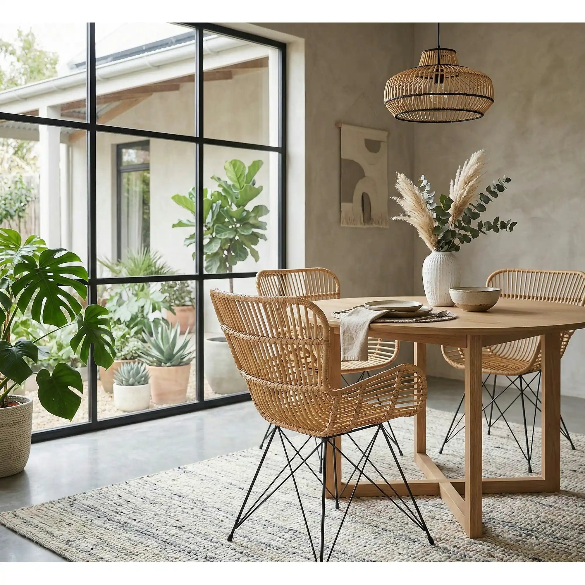 Scaun de gradina K335, bej/negru, rattan natural/otel, 61x63x90x45 cm
