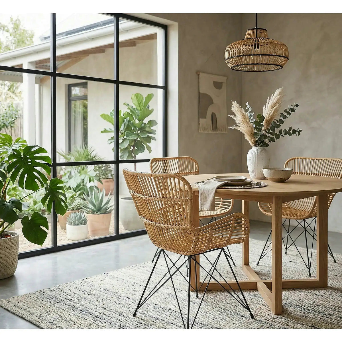 Scaun de gradina K335, bej/negru, rattan natural/otel, 61x63x90x45 cm