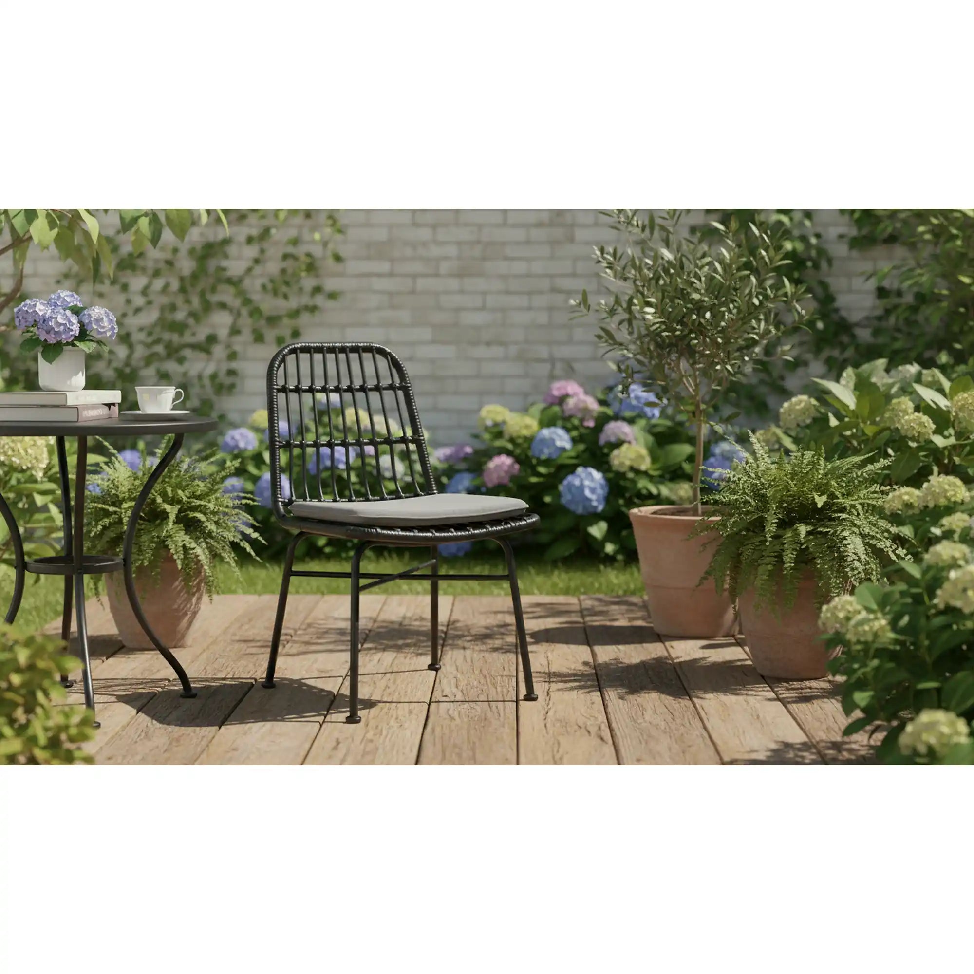 Scaun de gradina K401, gri/negru, rattan sintetic/otel, 47x45x85x43 cm