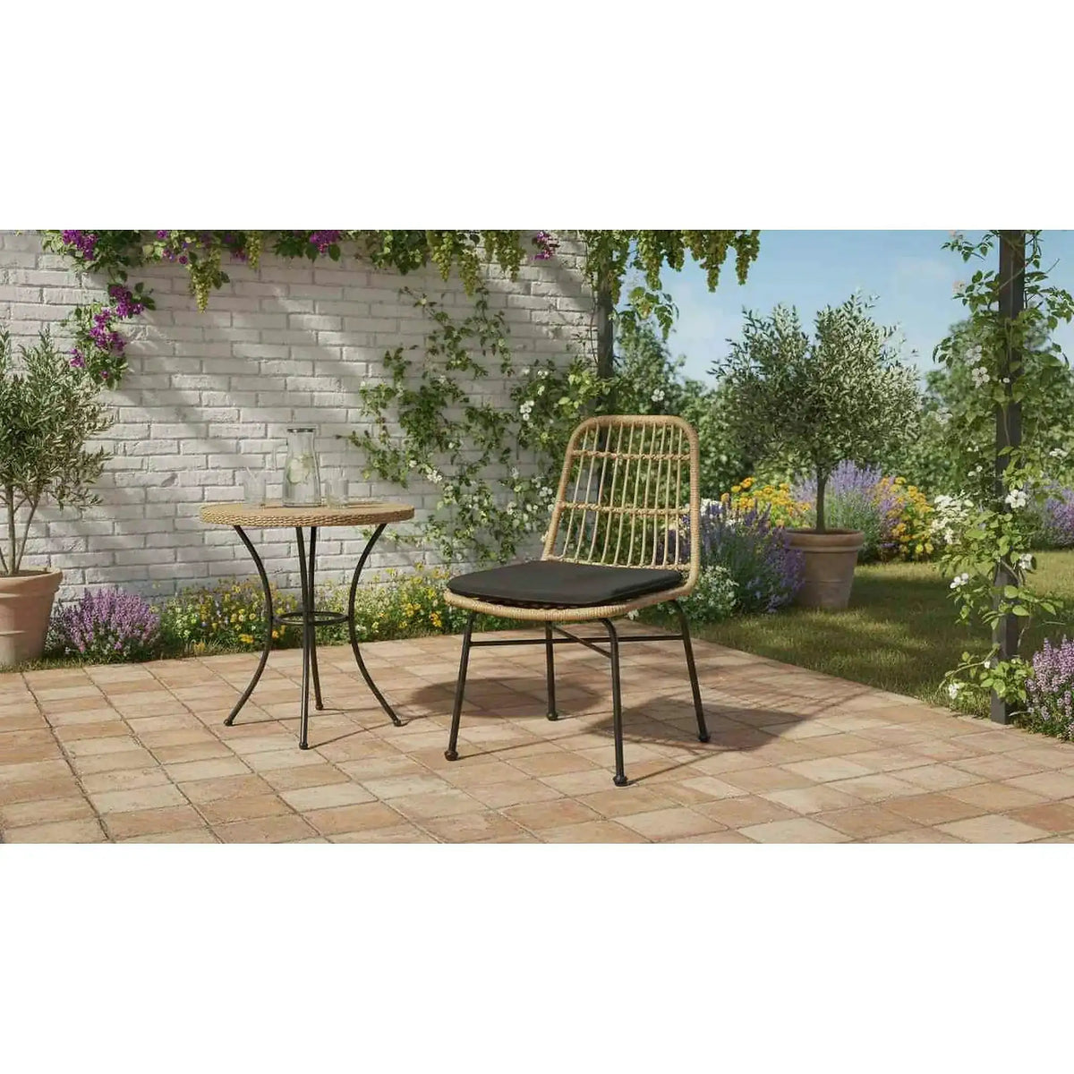 Scaun de gradina K401, stejar/negru, rattan sintetic/otel, 47x45x85 cm