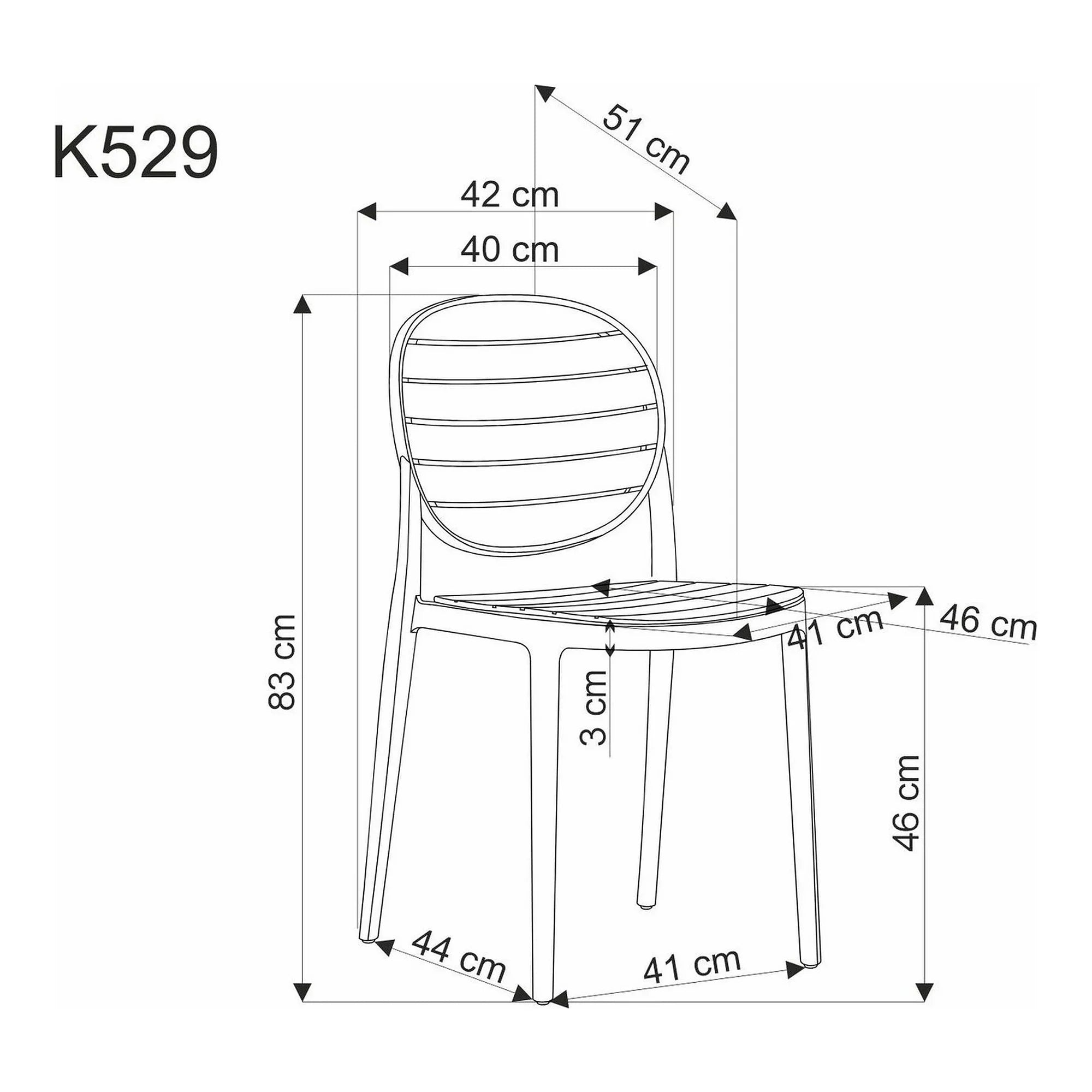Scaun de gradina K529, stejar/negru, polipropilena, 42x51x83 cm