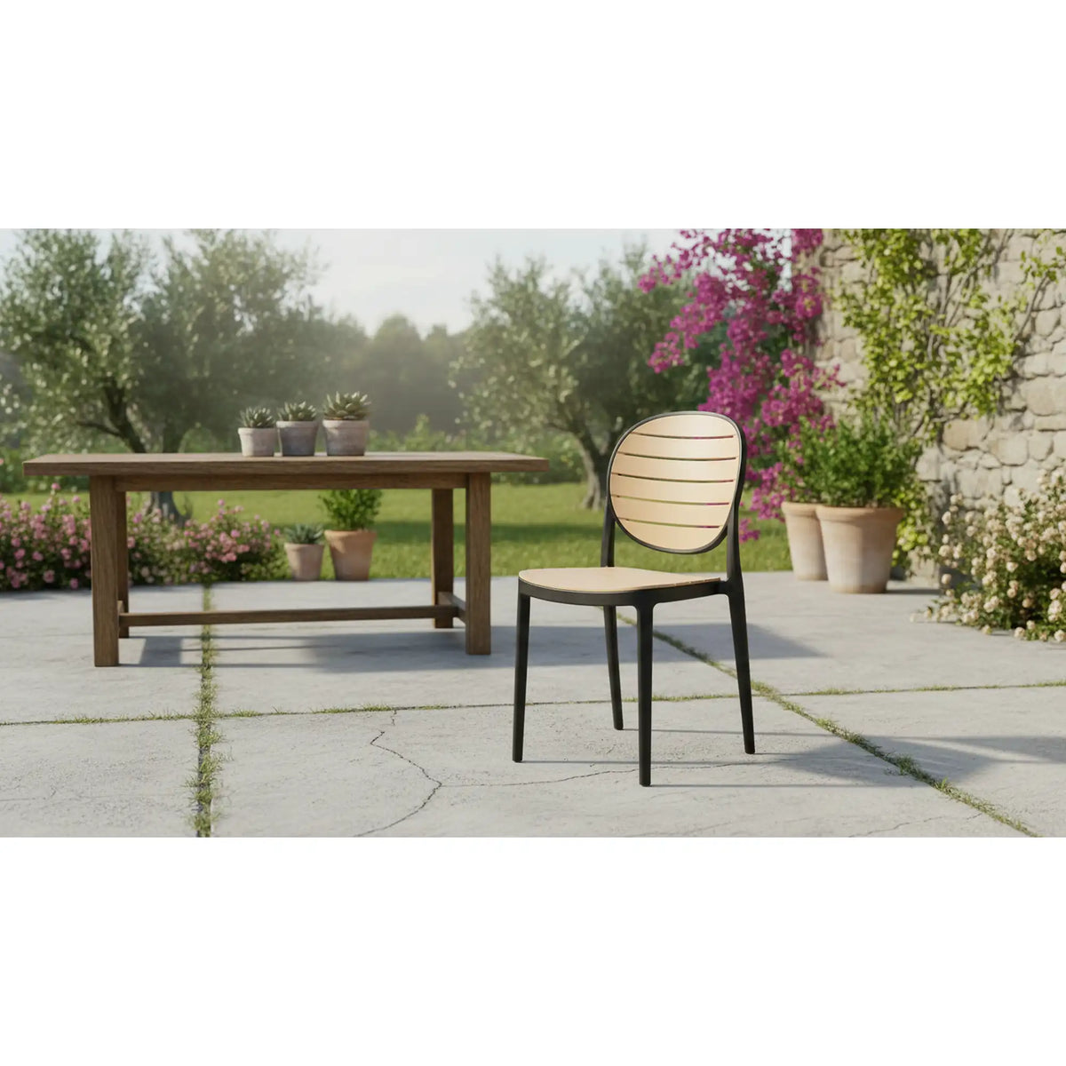 Scaun de gradina K529, stejar/negru, polipropilena, 42x51x83 cm