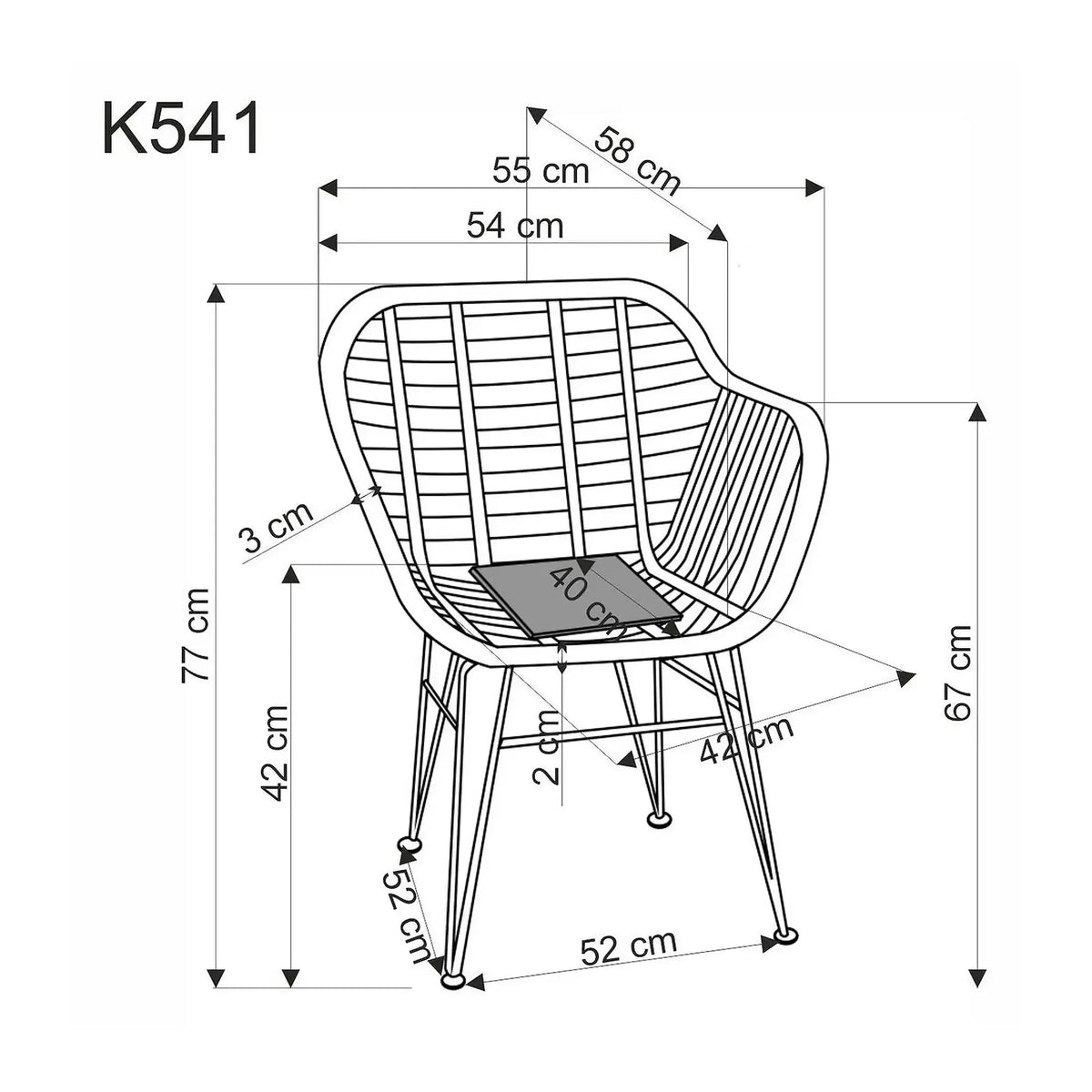 Scaun de gradina K541, gri/stejar, stofa/ratan sintetic, 55x58x77 cm