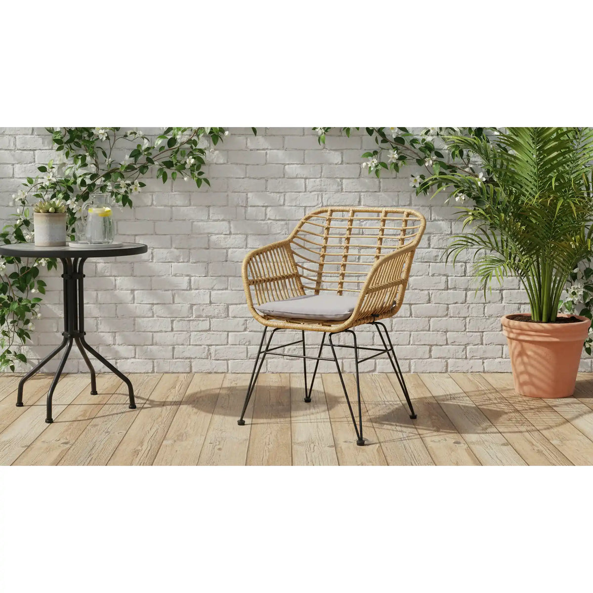 Scaun de gradina K541, gri/stejar, stofa/ratan sintetic, 55x58x77 cm