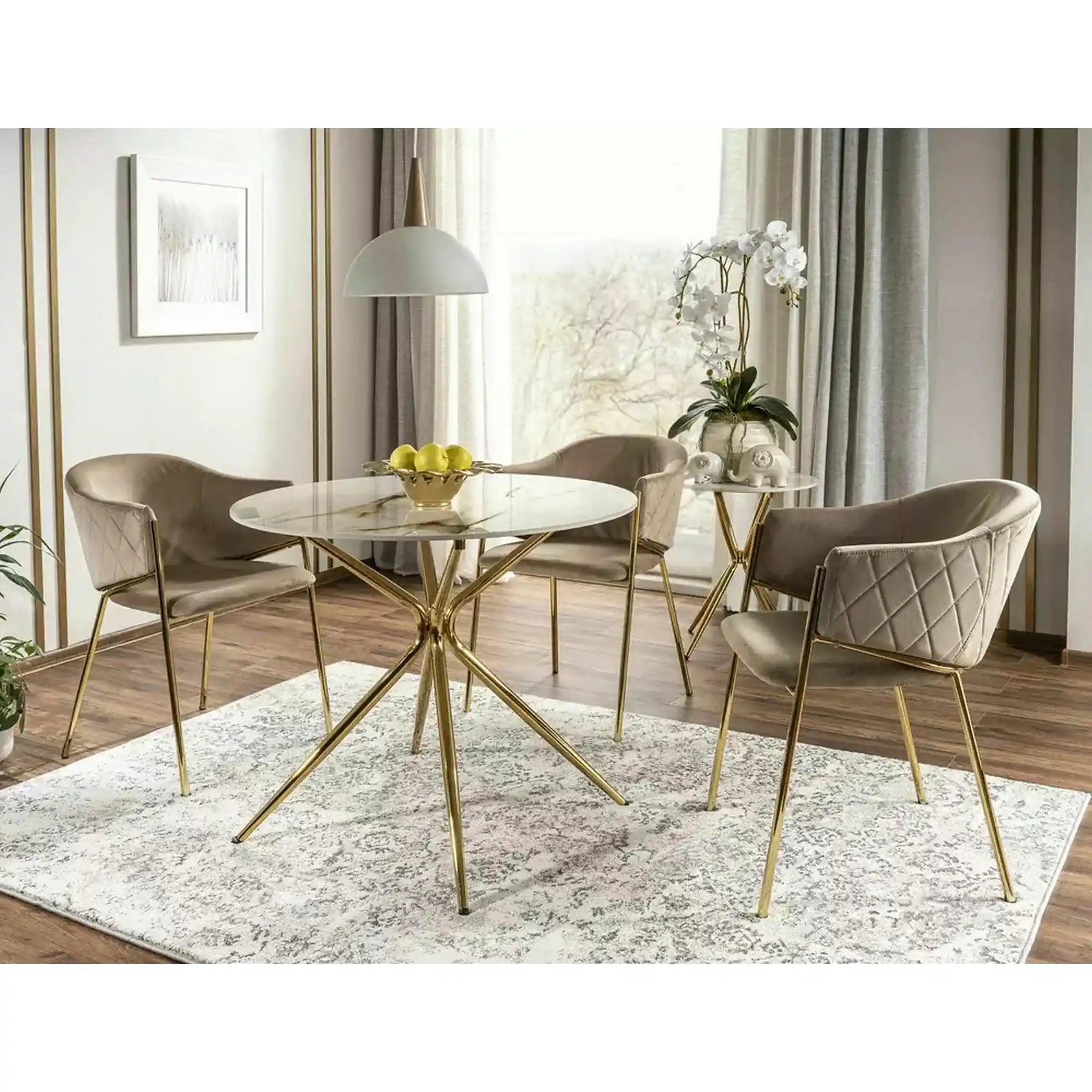 Scaun de living modern BONO, bej/auriu, stofa catifelata/metal, 55x44x77 cm