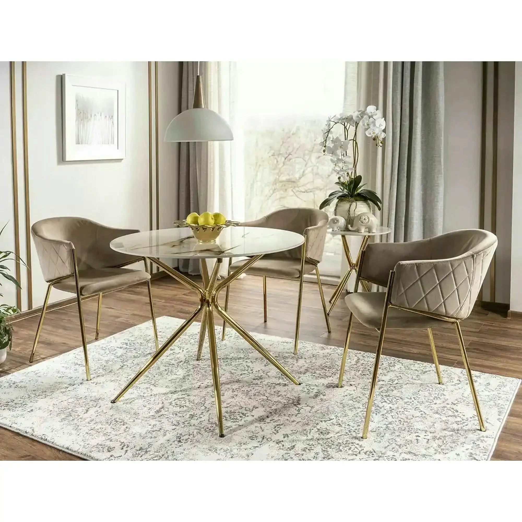 Scaun de living modern BONO, bej/auriu, stofa catifelata/metal, 55x44x77 cm