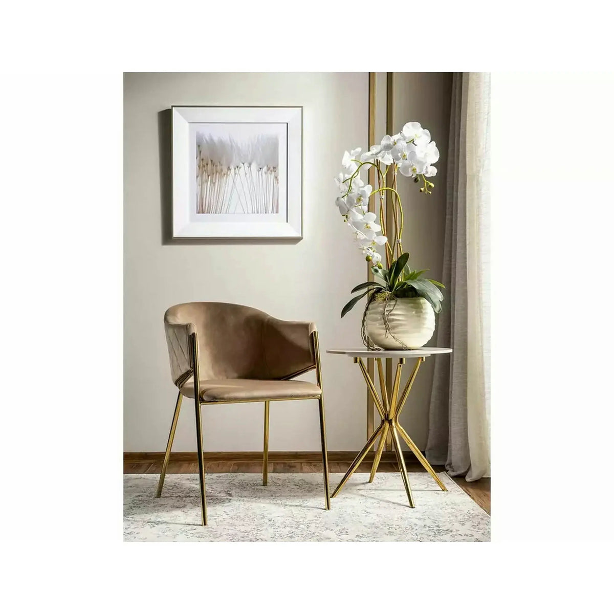 Scaun de living modern BONO, bej/auriu, stofa catifelata/metal, 55x44x77 cm