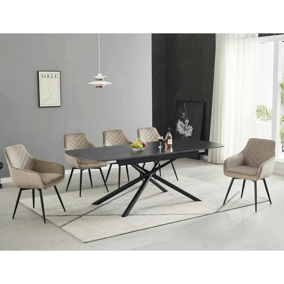 Scaun de living modern FIG, bej/negru, stofa catifelata/metal, 57x47x85 cm