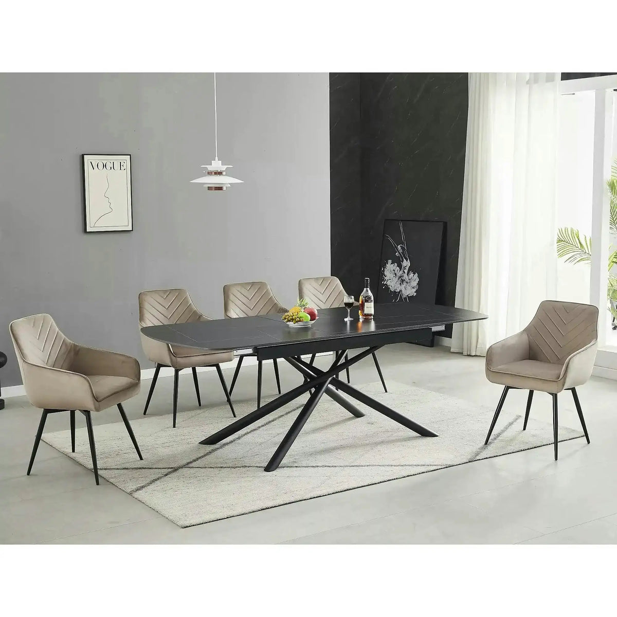 Scaun de living modern FIG, bej/negru, stofa catifelata/metal, 57x47x85 cm