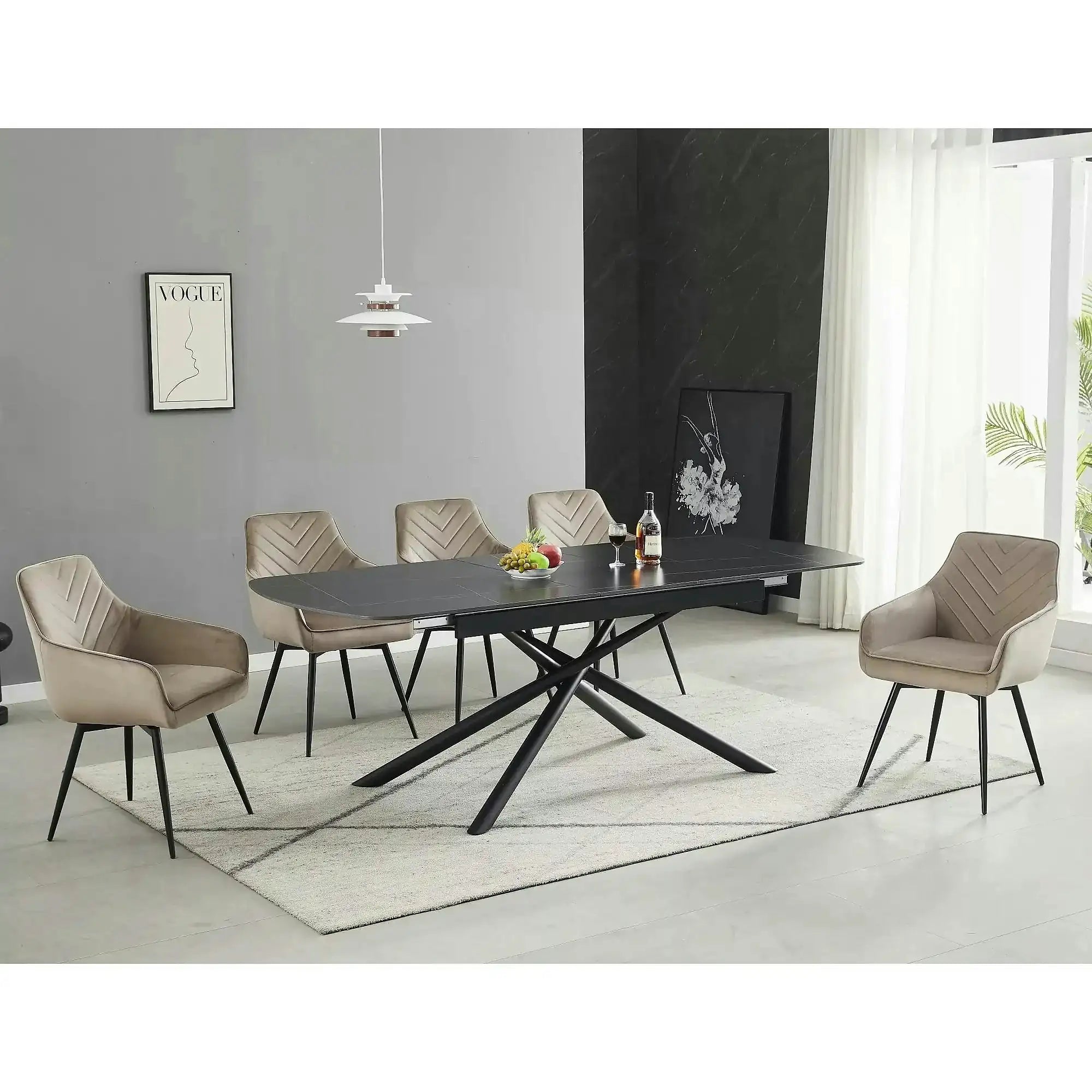 Scaun de living modern FIG, bej/negru, stofa catifelata/metal, 57x47x85 cm