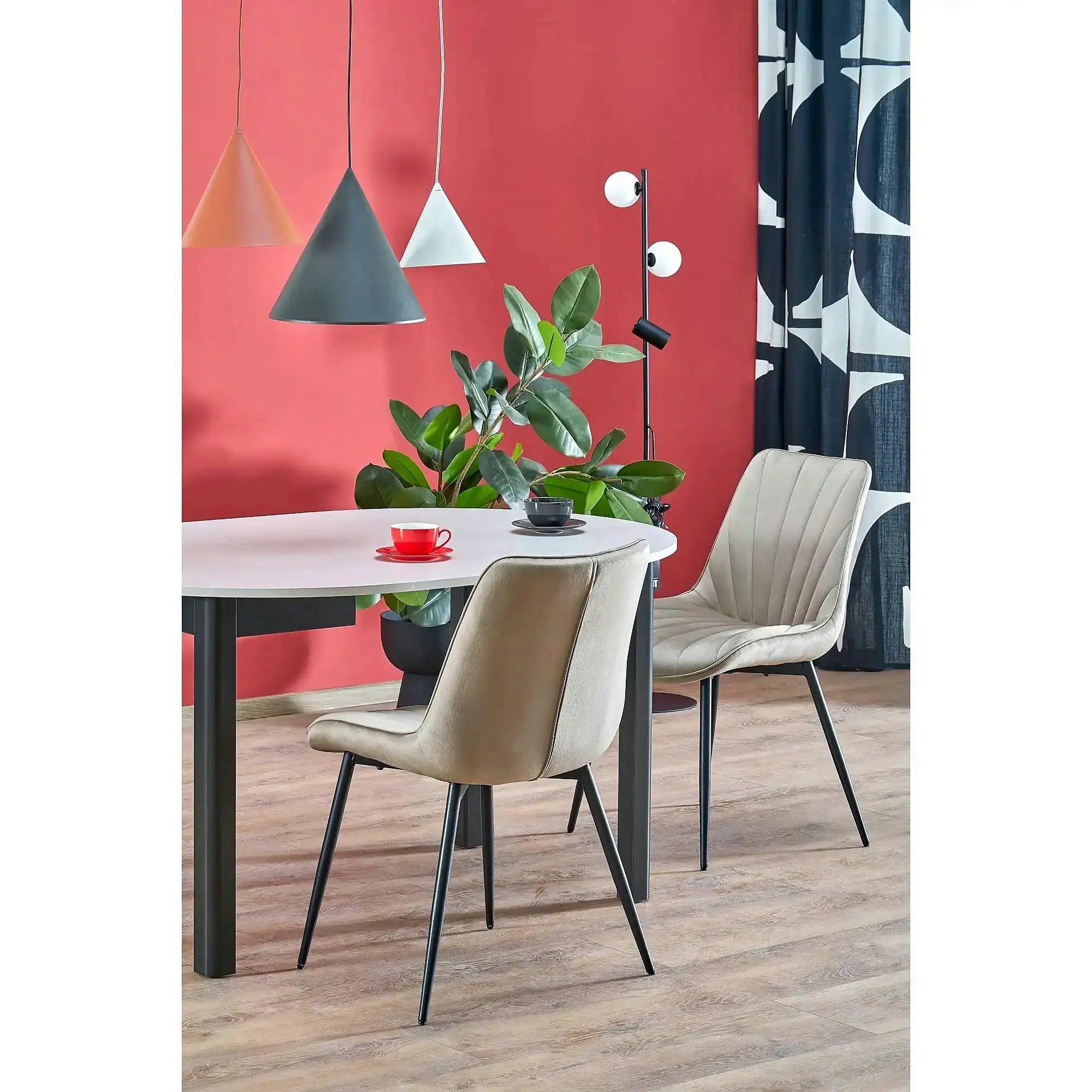 Scaun de sufragerie tapitat K589, bej - Bluvel 40, stofa catifelata/otel, 50x63x87 cm
