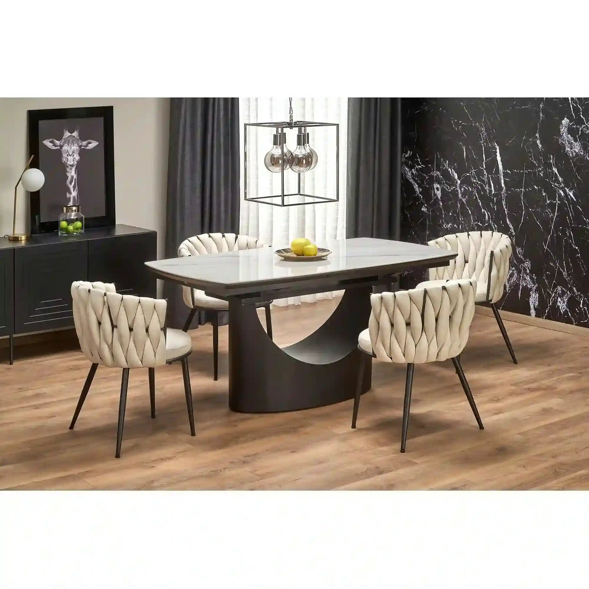 Scaun dining modern K516, bej/negru, stofa clasica/otel, 57x60x79 cm