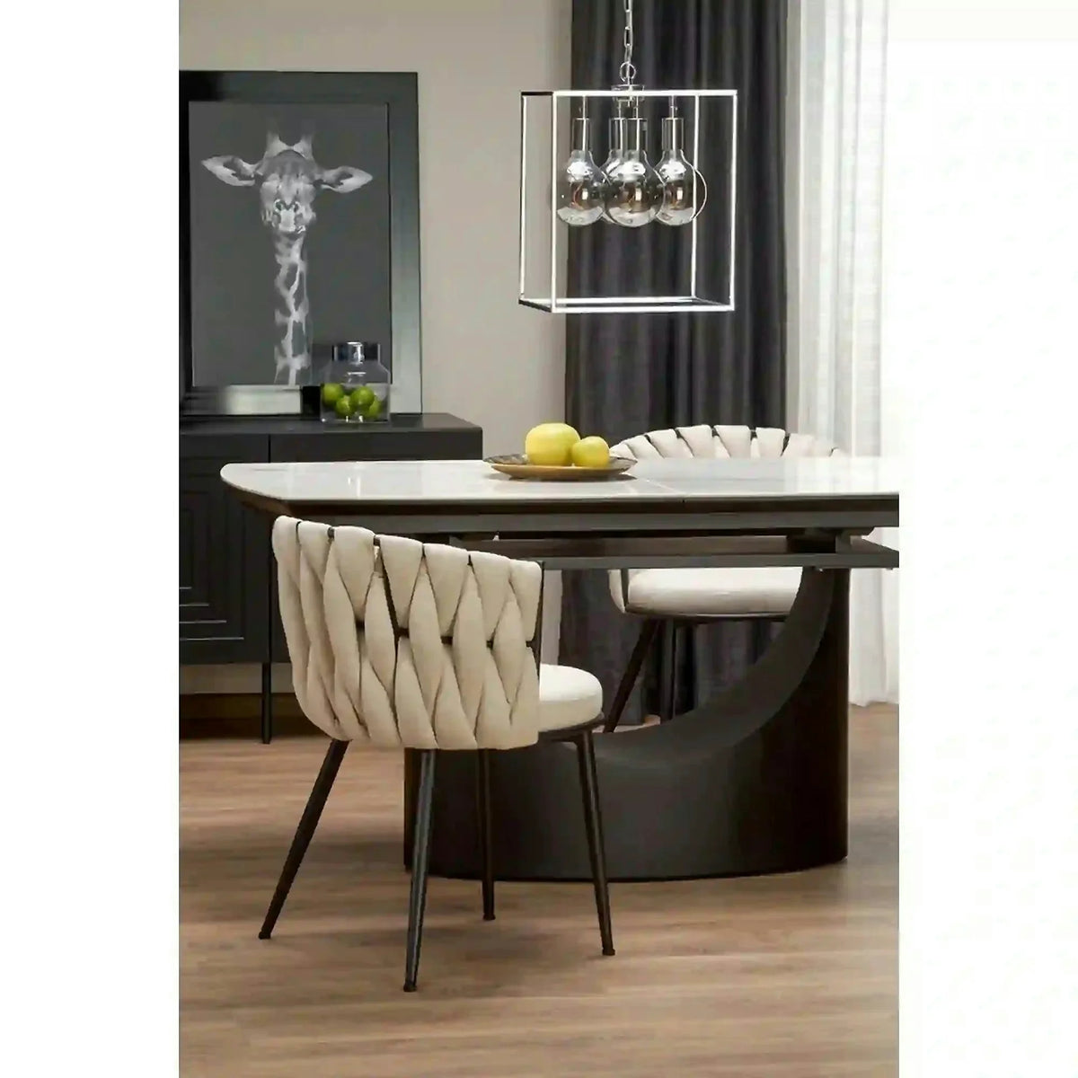 Scaun dining modern K516, bej/negru, stofa clasica/otel, 57x60x79 cm