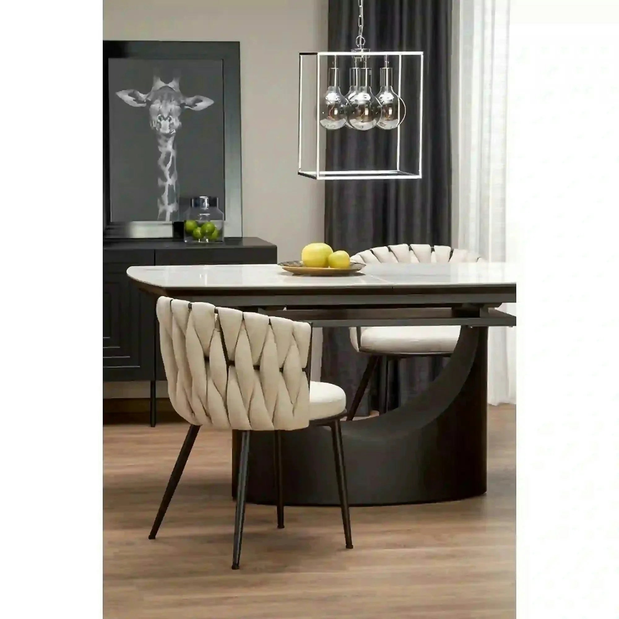 Scaun dining modern K516, bej/negru, stofa clasica/otel, 57x60x79 cm