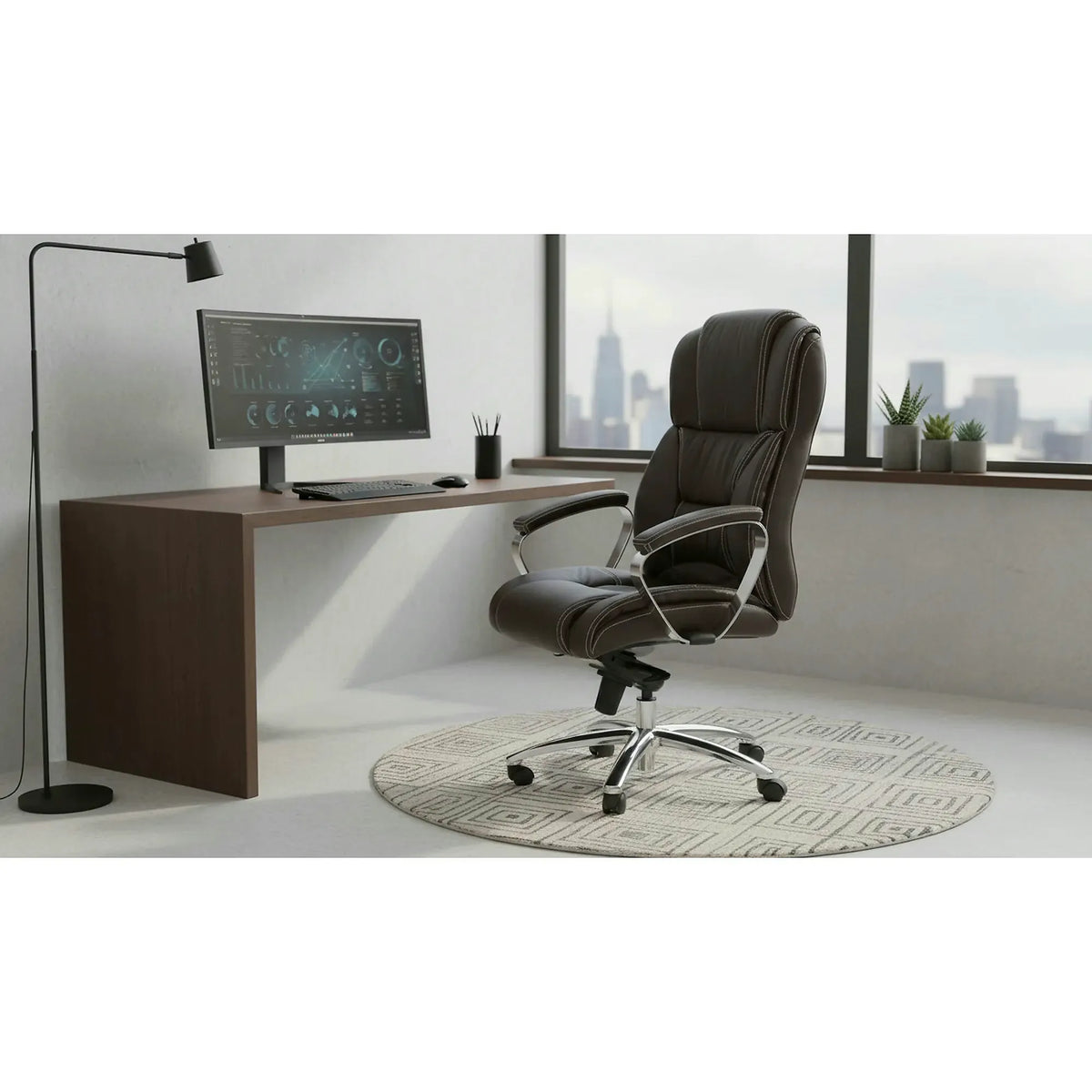 Scaun directorial FOSTER, maro inchis, piele ecologica/metal/PVC, 68x54x118/125 cm