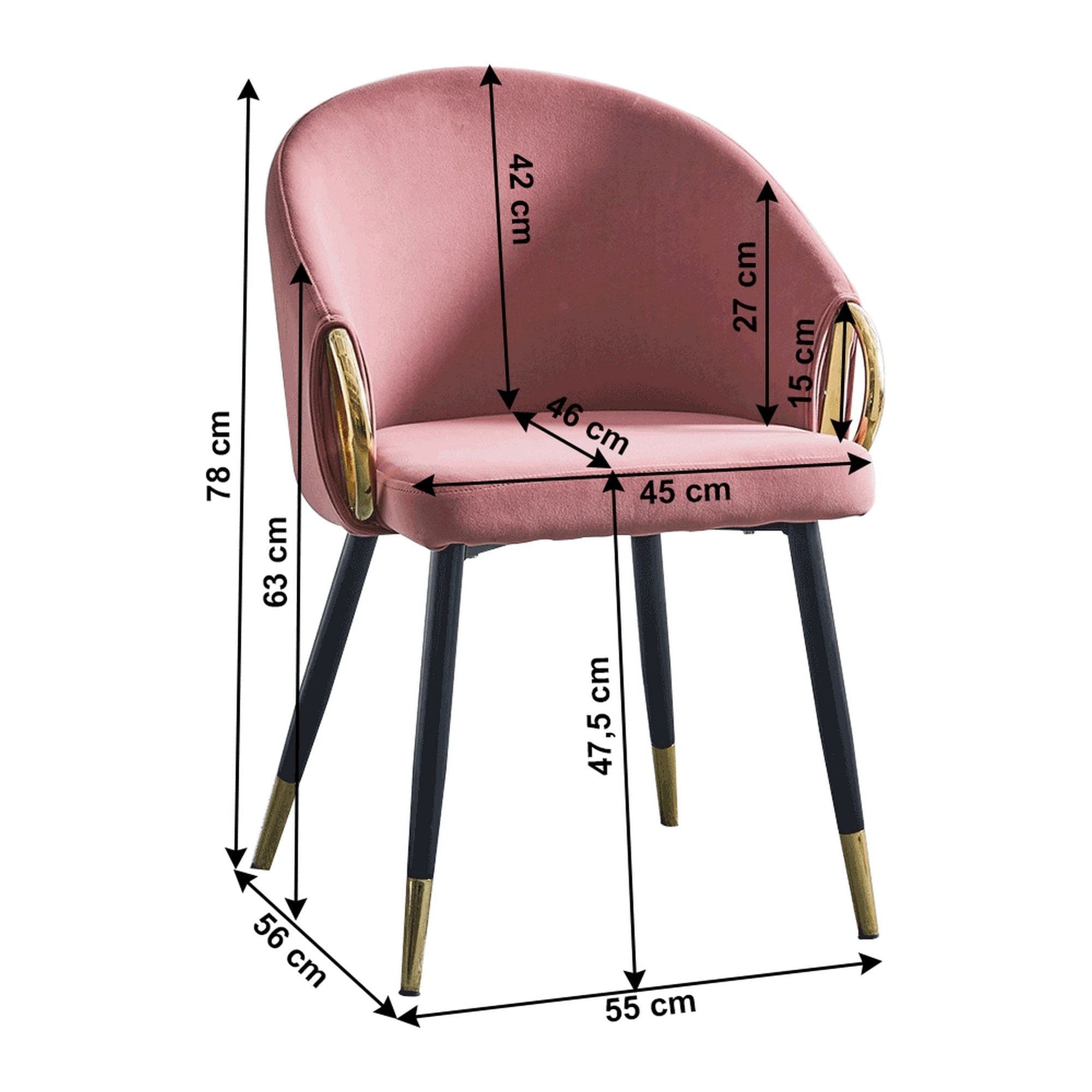 Scaun DONKO, metal/stofa catifelata, roz/auriu-negru, 55x56x78 cm