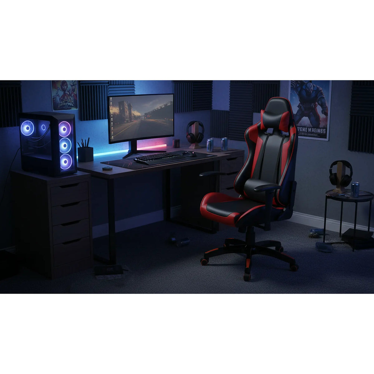 Scaun gaming DEFENDER, rosu/negru, piele ecologica, 68x69x126/134 cm