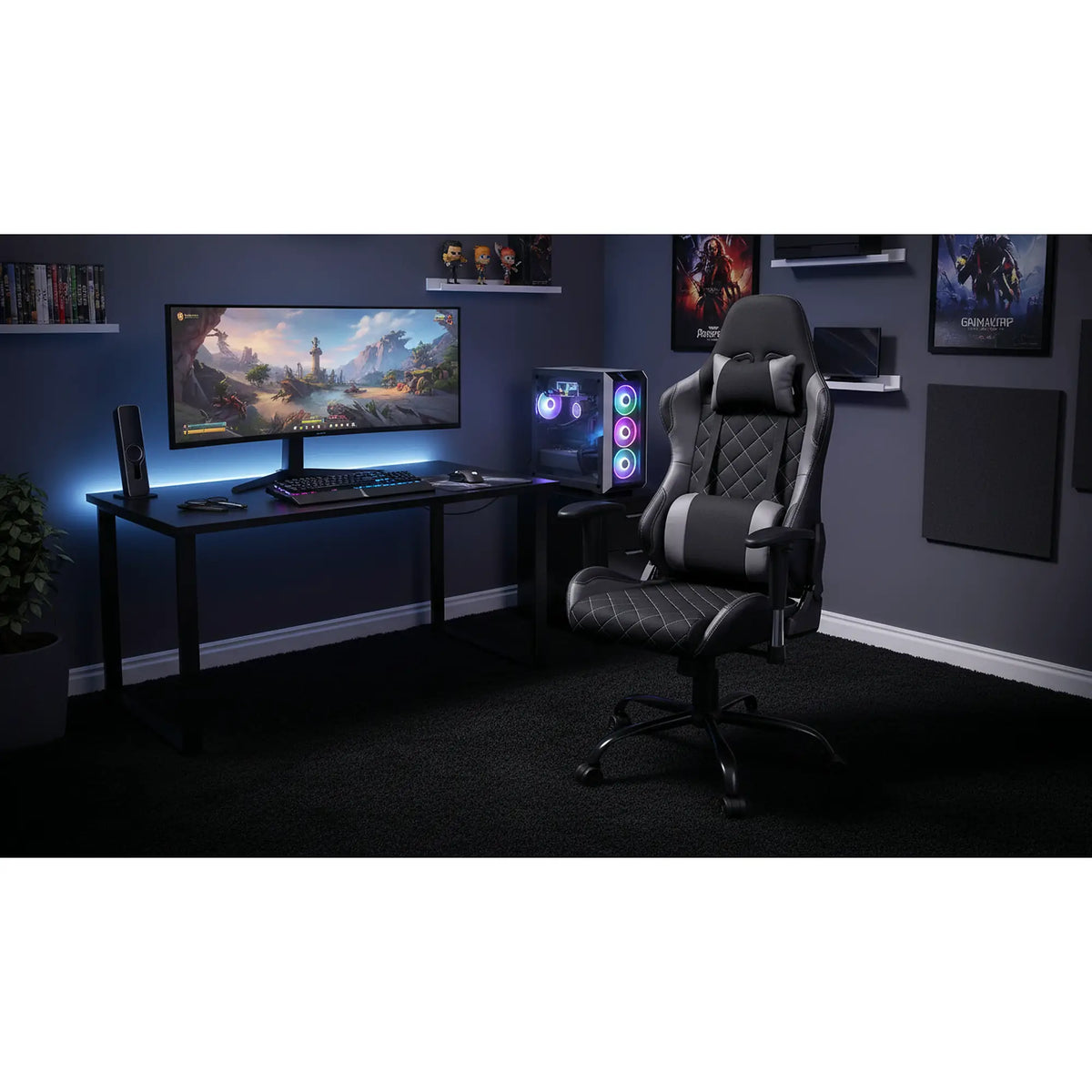 Scaun gaming DRAKE, negru/gri, stofa, 69x62x127/134 cm