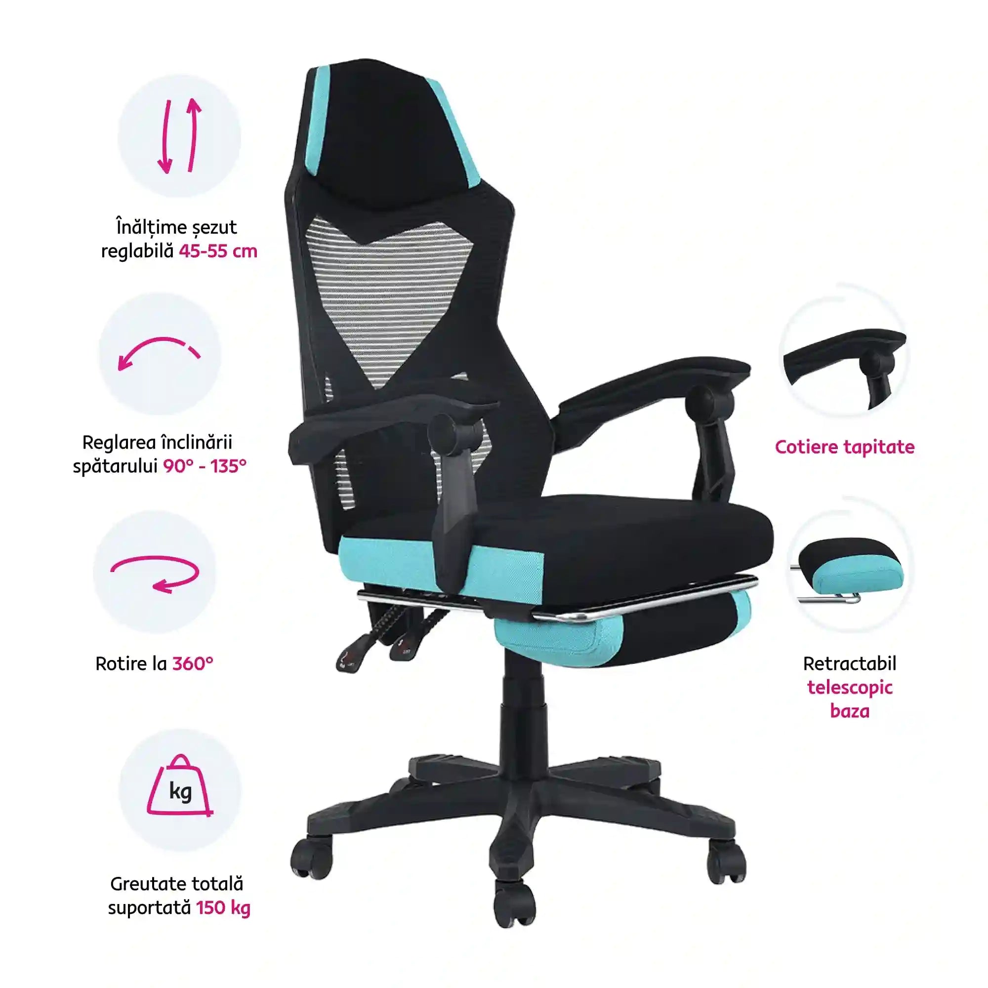 Scaun gaming JORIK NEW, negru/albastru, material textil/plasa, 60x65x108/118 cm