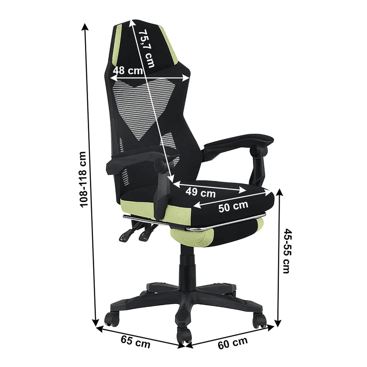 Scaun gaming JORIK NEW, negru/verde, plasa/plastic, 60x65x108/118 cm
