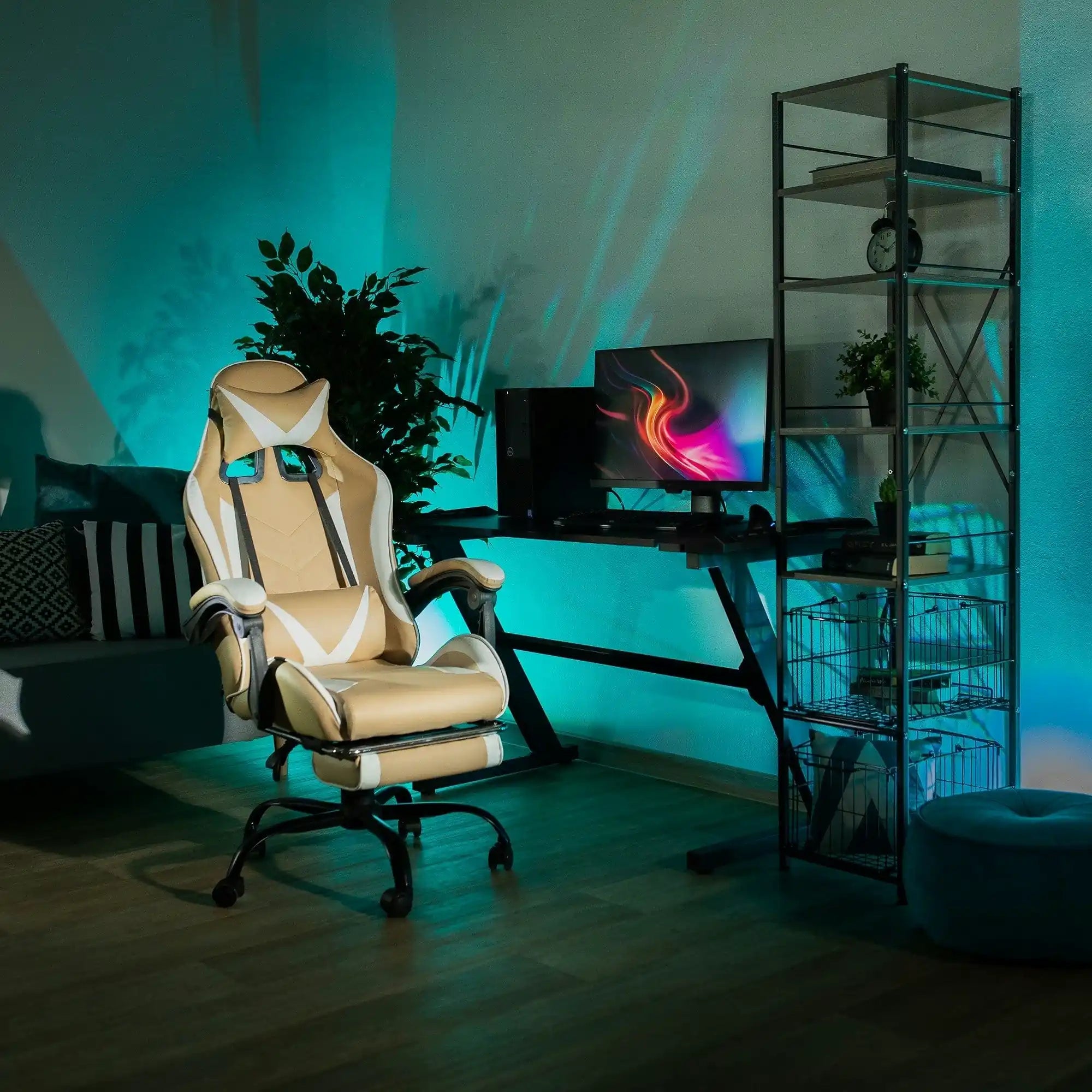 Scaun gaming OZGE 2 NEW, bej/alb, piele ecologica, 64x60x116/136 cm