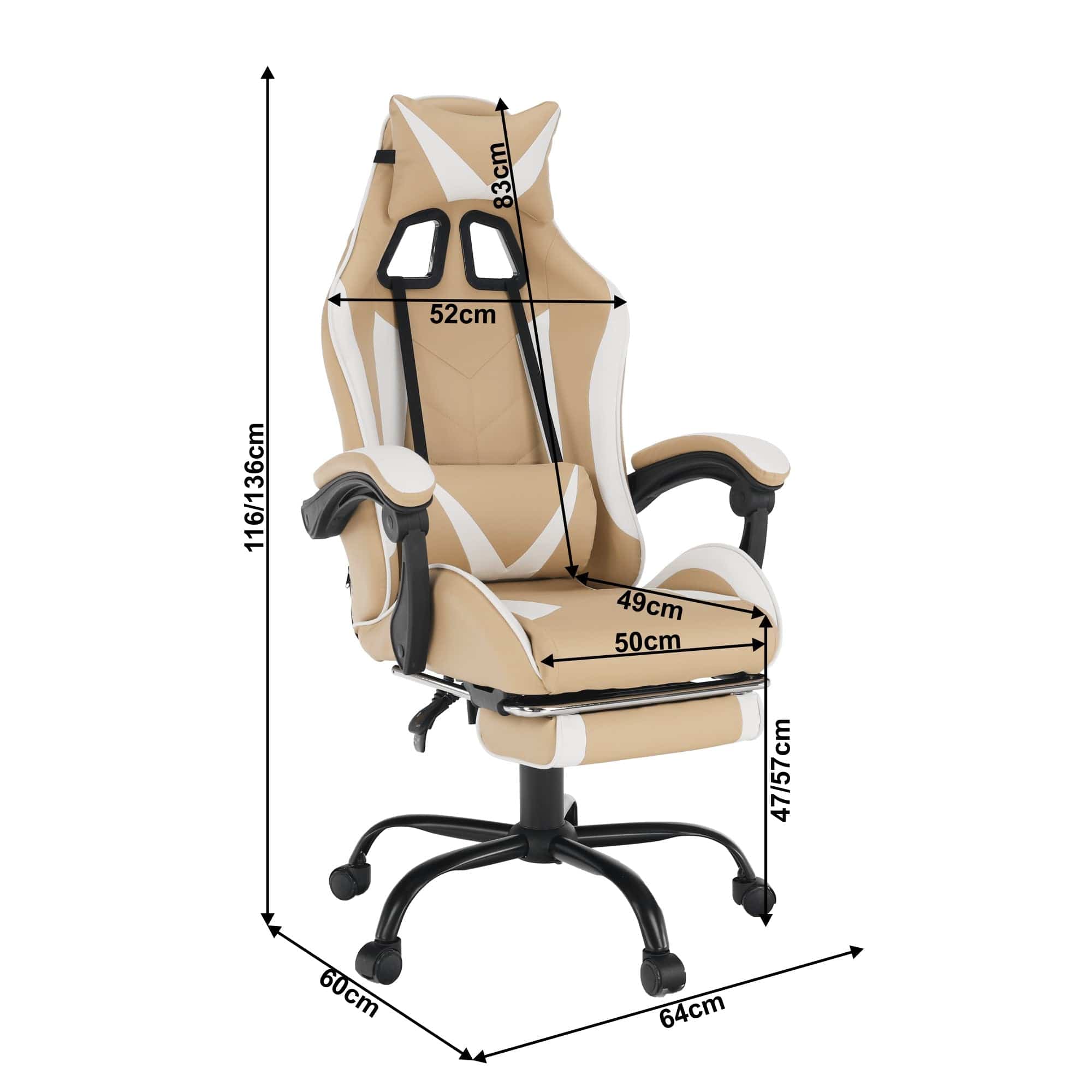 Scaun gaming OZGE 2 NEW, bej/alb, piele ecologica, 64x60x116/136 cm