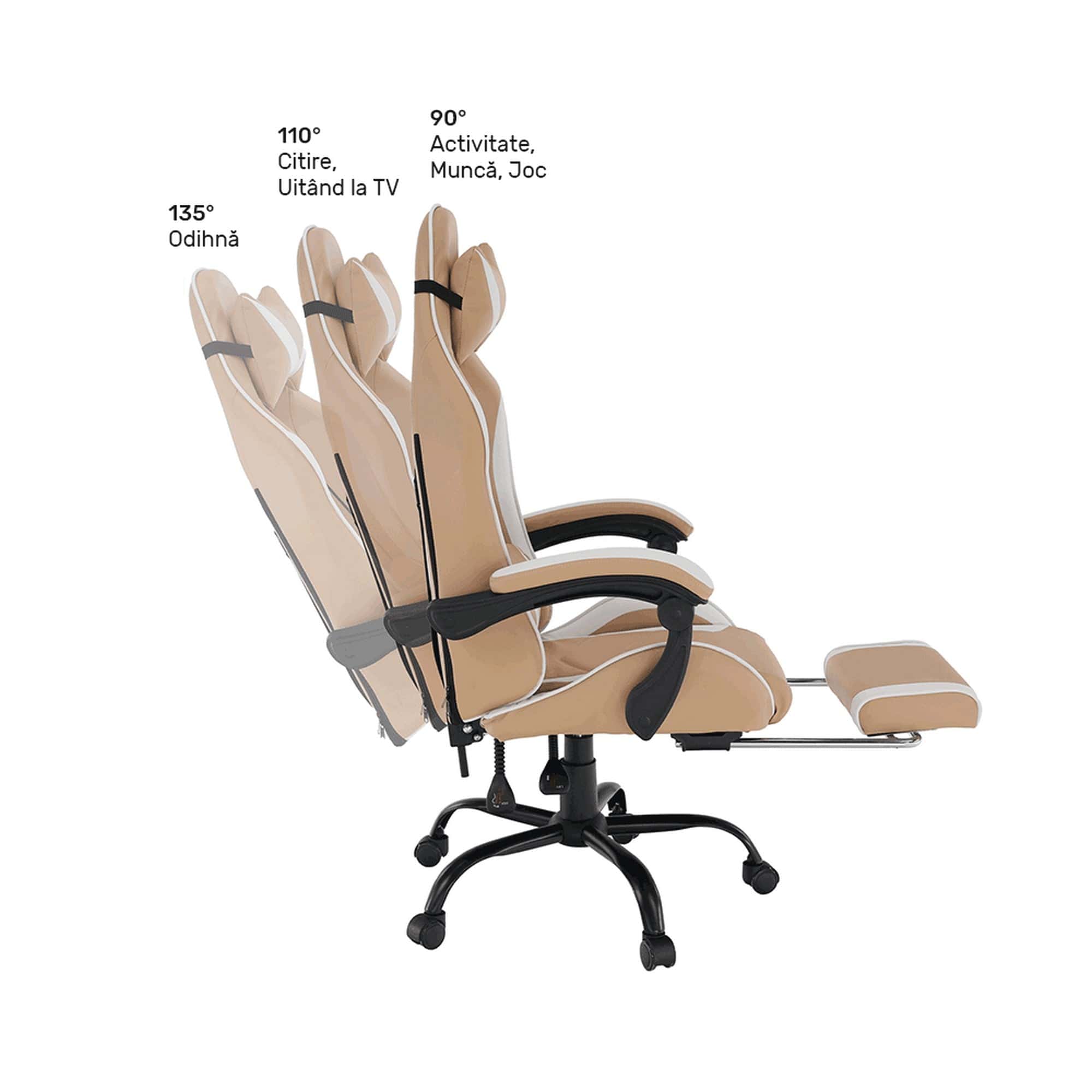 Scaun gaming OZGE 2 NEW, bej/alb, piele ecologica, 64x60x116/136 cm