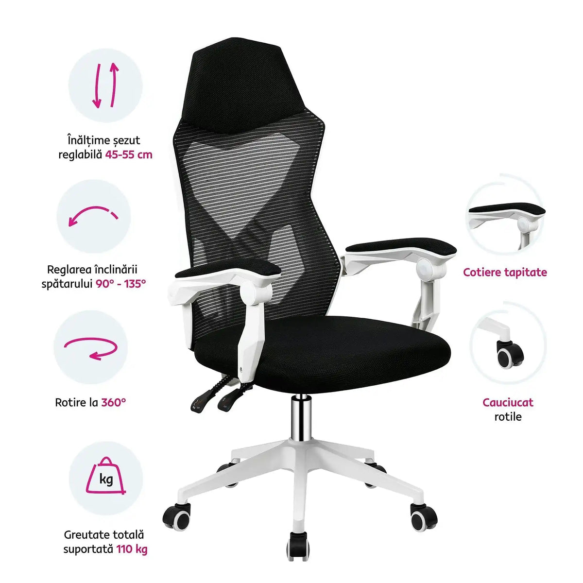 Scaun gaming YOKO, negru/alb, material textil/plastic, 60x65x113/123 cm