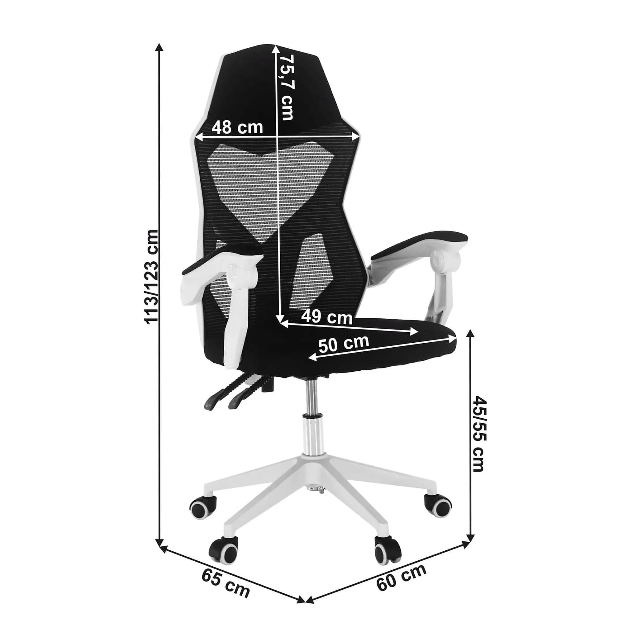 Scaun gaming YOKO, negru/alb, material textil/plastic, 60x65x113/123 cm