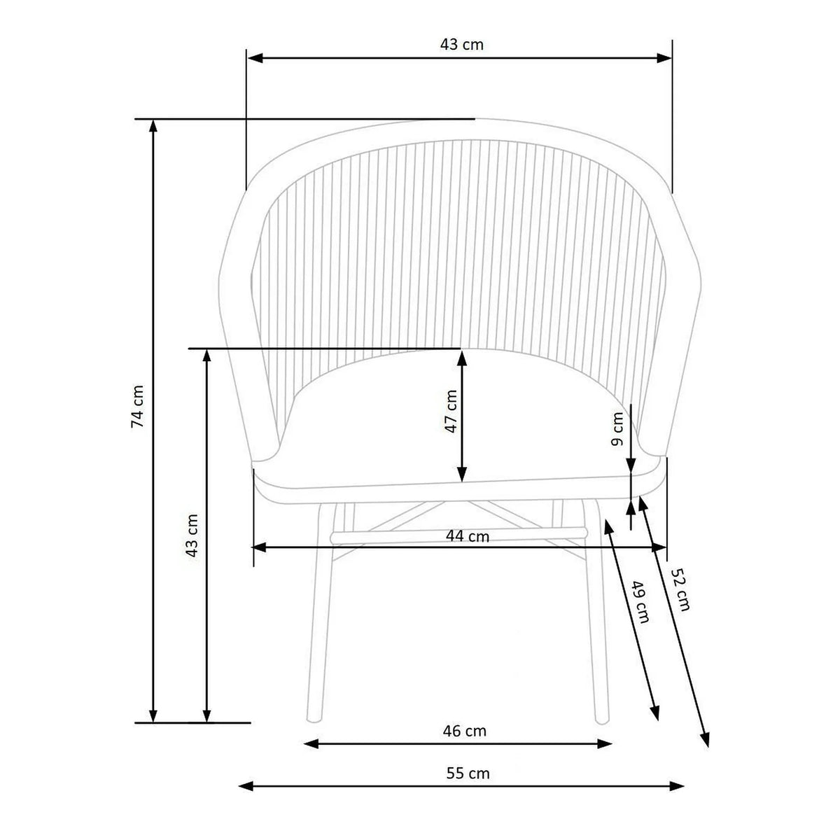 Scaun K400, gri/bej/negru, stofa/rattan sintetic/otel, 55x47x74 cm