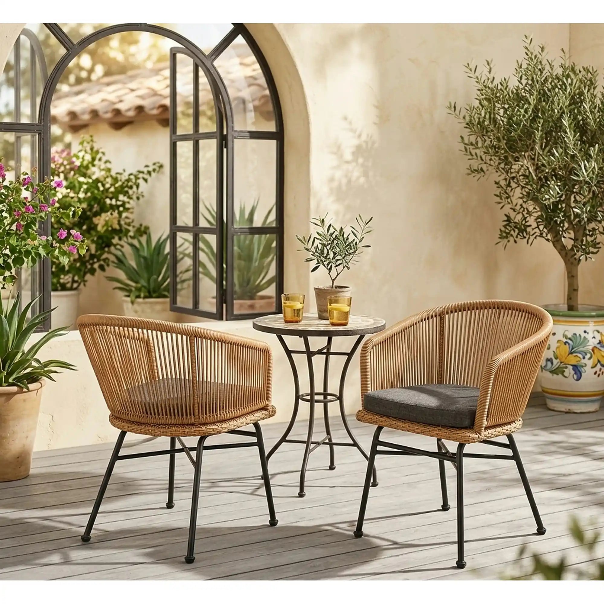 Scaun K400, gri/bej/negru, stofa/rattan sintetic/otel, 55x47x74 cm