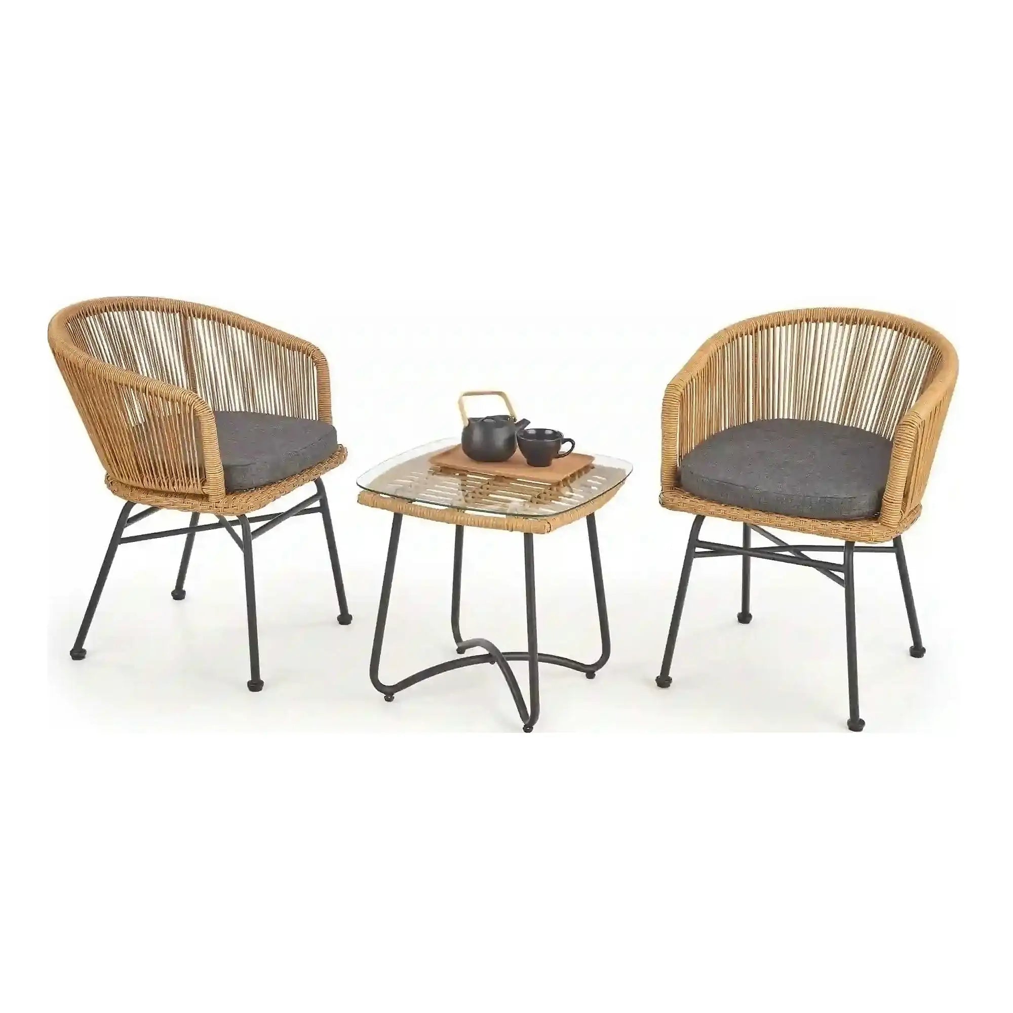 Scaun K400, gri/bej/negru, stofa/rattan sintetic/otel, 55x47x74 cm