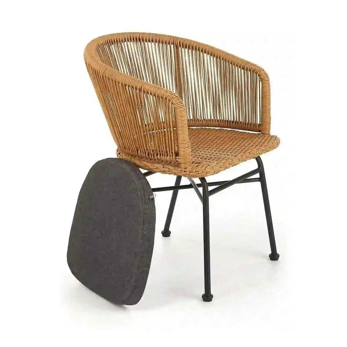 Scaun K400, gri/bej/negru, stofa/rattan sintetic/otel, 55x47x74 cm