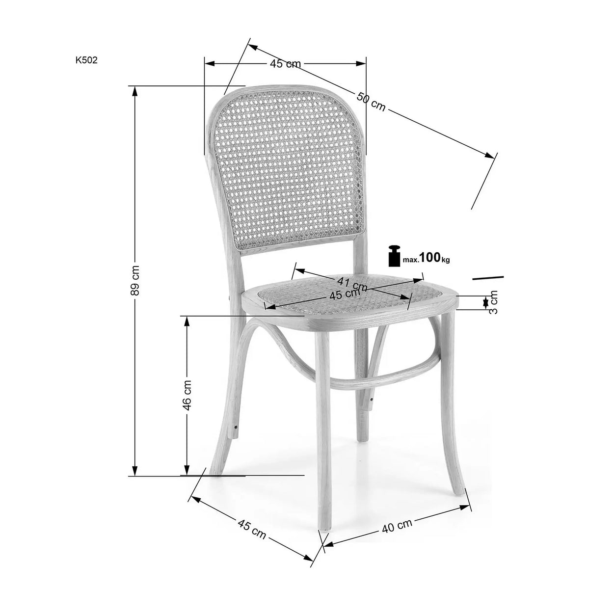 Scaun K502, stejar, ratan natural/lemn, 45x50x89 cm