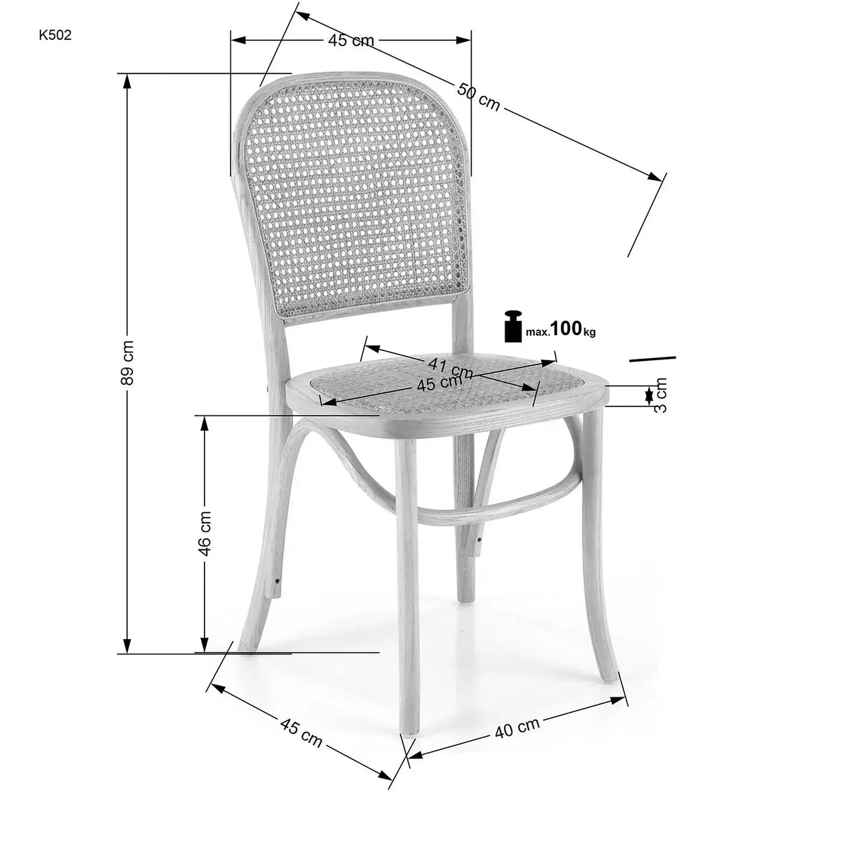 Scaun K502, stejar, ratan natural/lemn, 45x50x89 cm