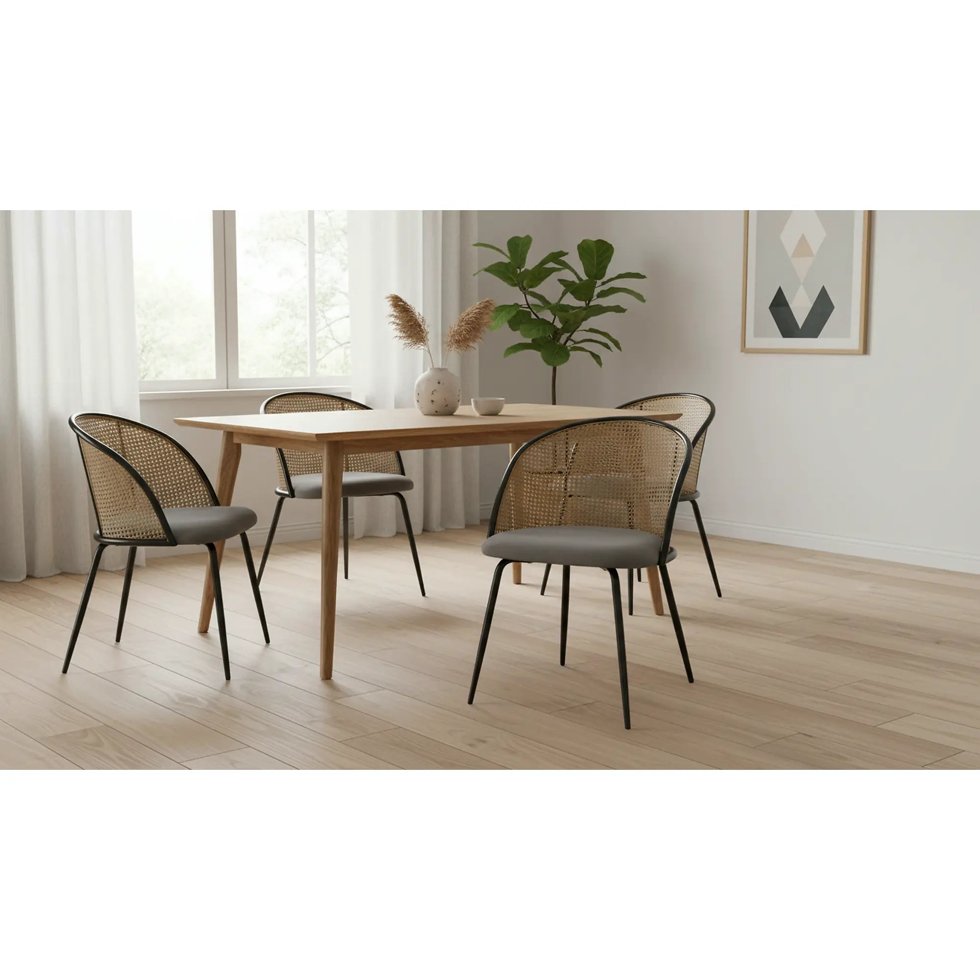 Scaun K508, gri/negru, stofa catifelata/rattan sintetic, 54x57x78 cm